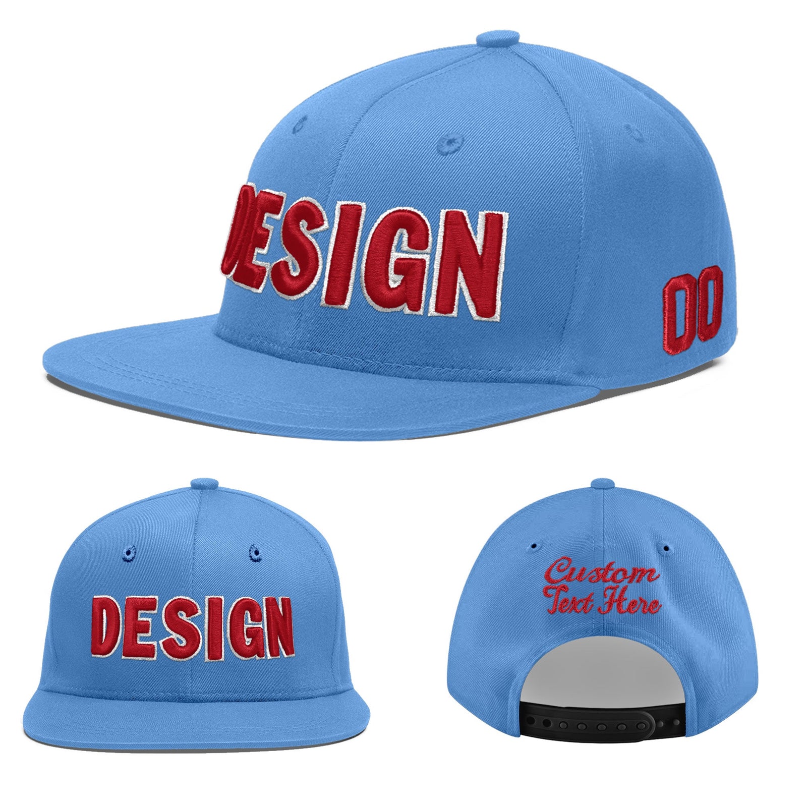 Custom Powder Blue 3D Puff Embroidery Flat Embroidery Casual Sport Baseball Cap