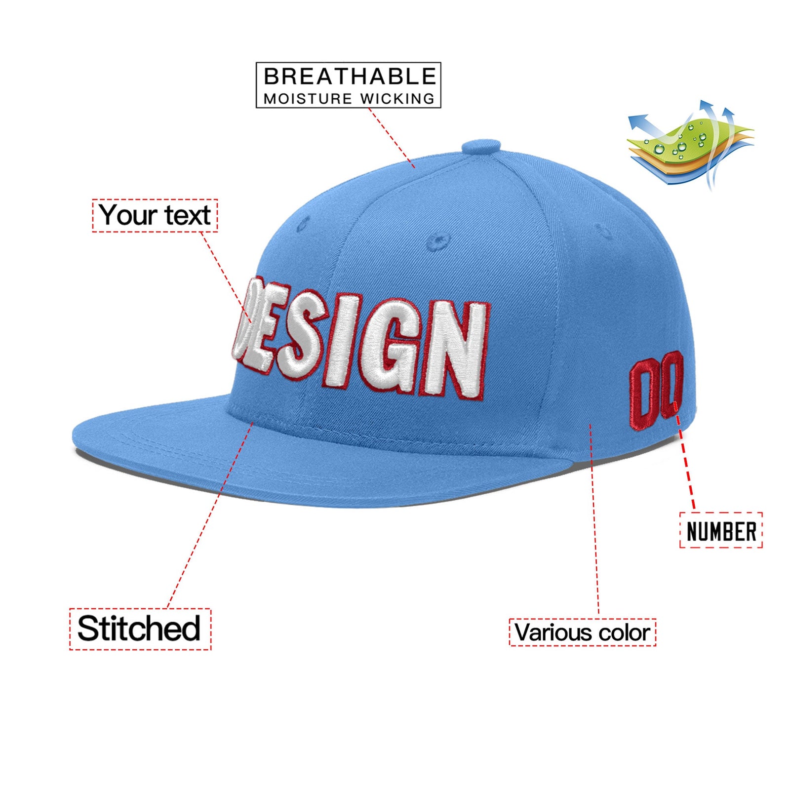 Custom Powder Blue 3D Puff Embroidery Flat Embroidery Casual Sport Baseball Cap