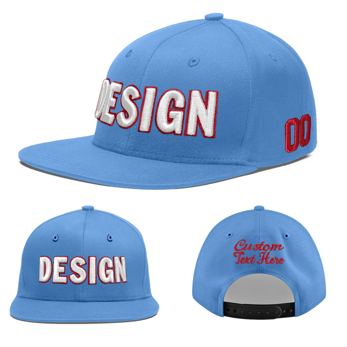 Custom Powder Blue 3D Puff Embroidery Flat Embroidery Casual Sport Baseball Cap