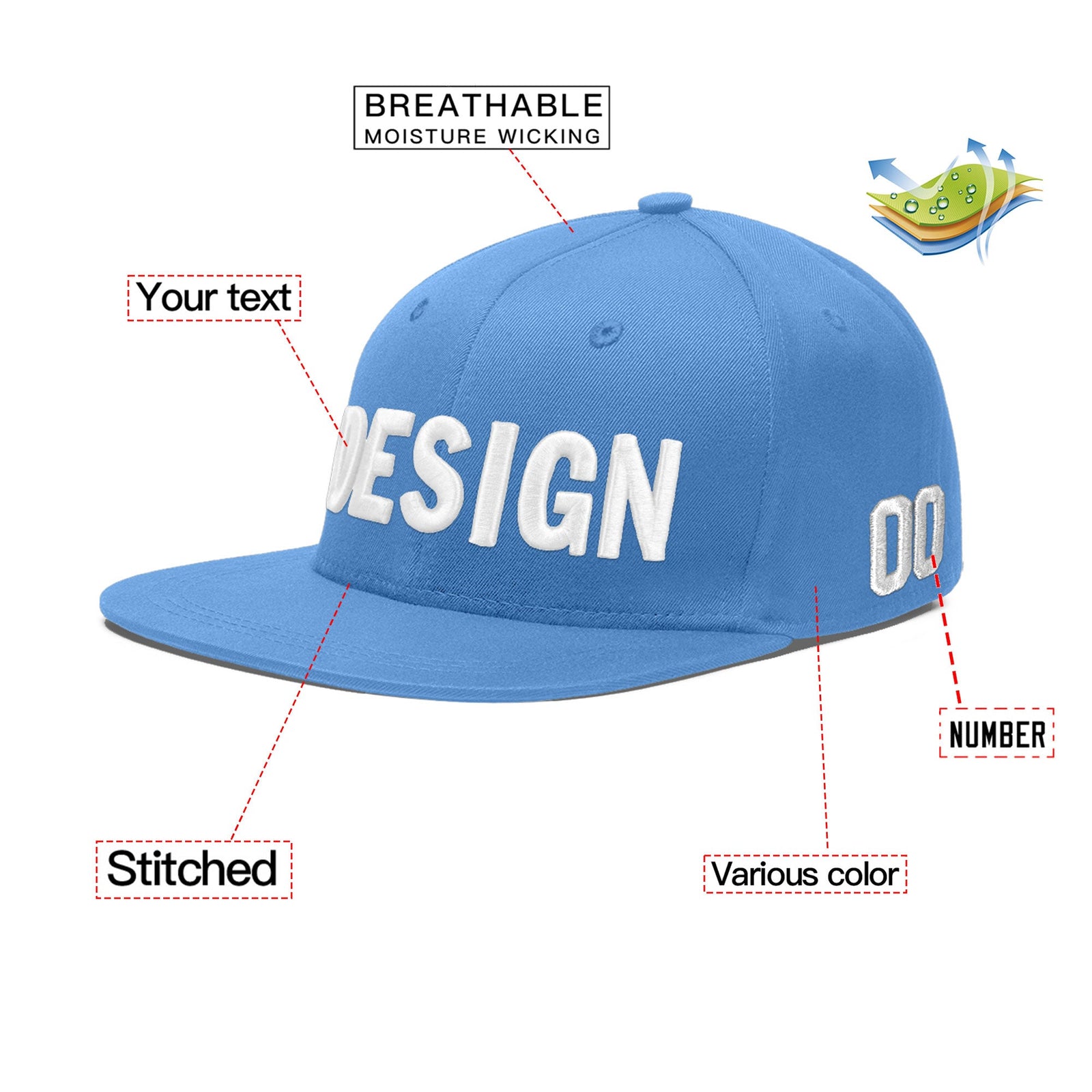 Custom Powder Blue 3D Puff Embroidery Flat Embroidery Casual Sport Baseball Cap