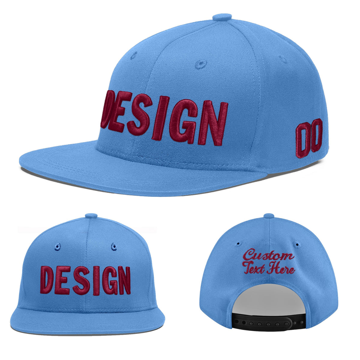 Custom Powder Blue 3D Puff Embroidery Flat Embroidery Casual Sport Baseball Cap