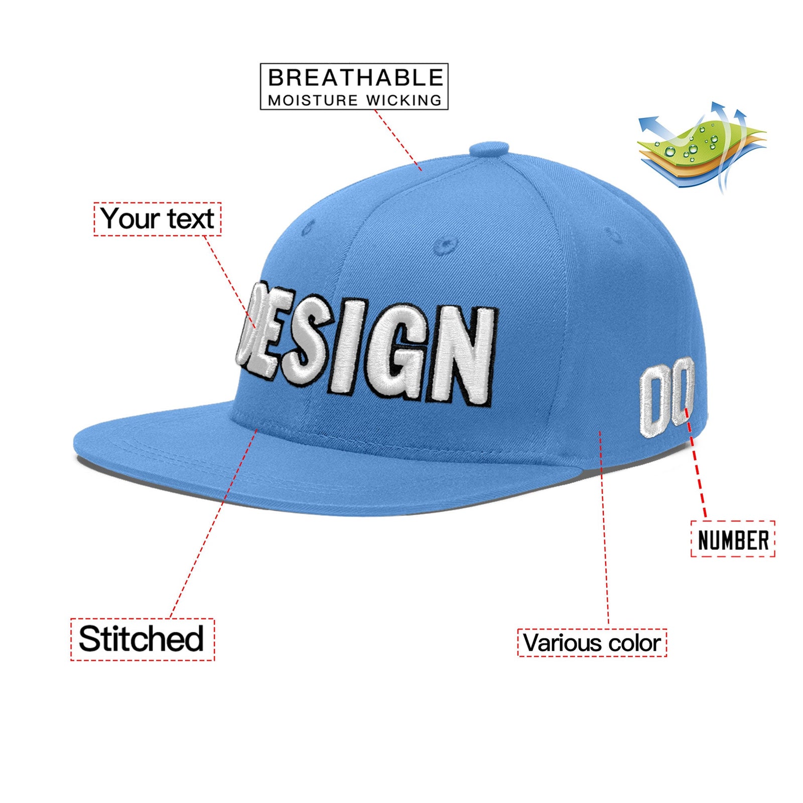 Custom Powder Blue 3D Puff Embroidery Flat Embroidery Casual Sport Baseball Cap