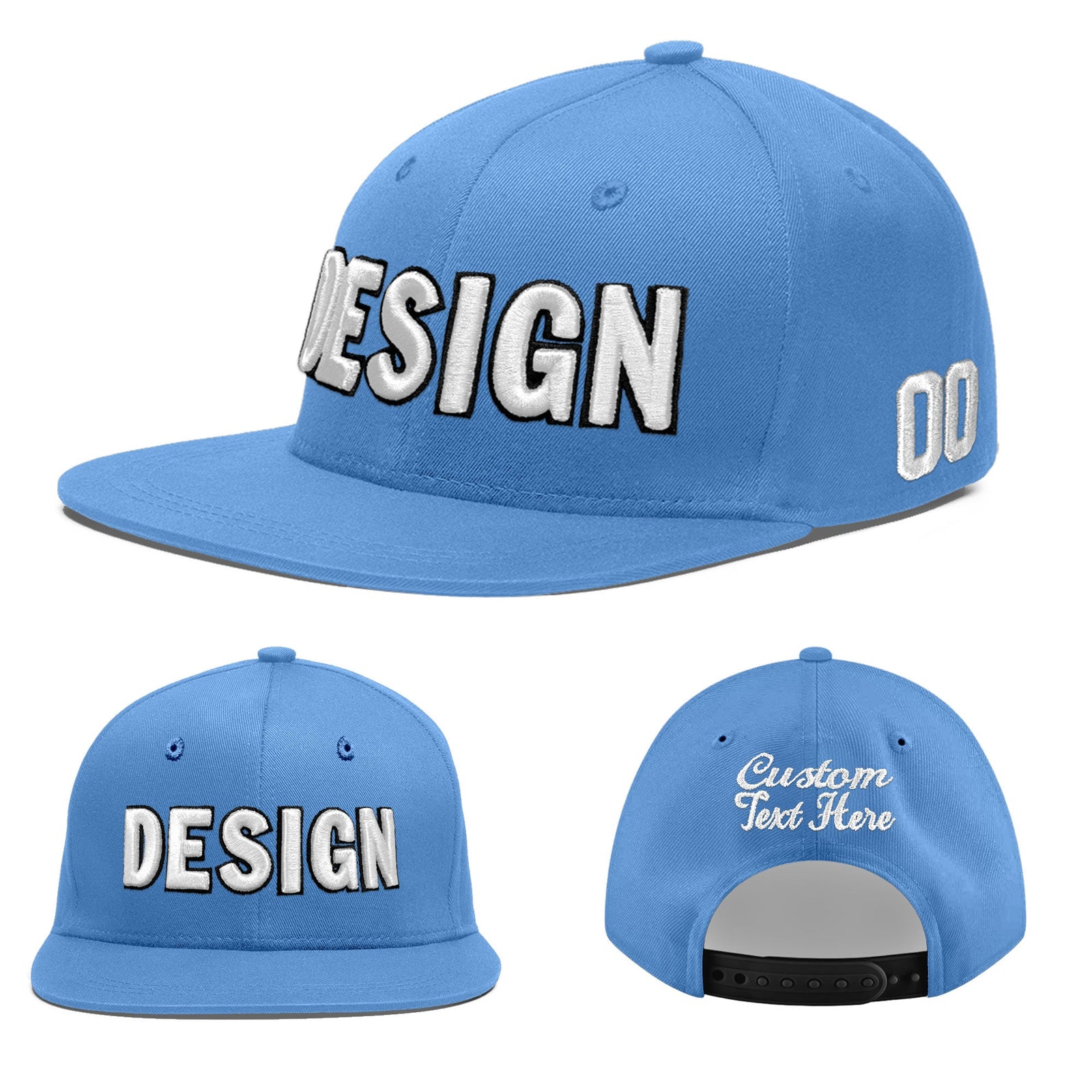 Custom Powder Blue 3D Puff Embroidery Flat Embroidery Casual Sport Baseball Cap