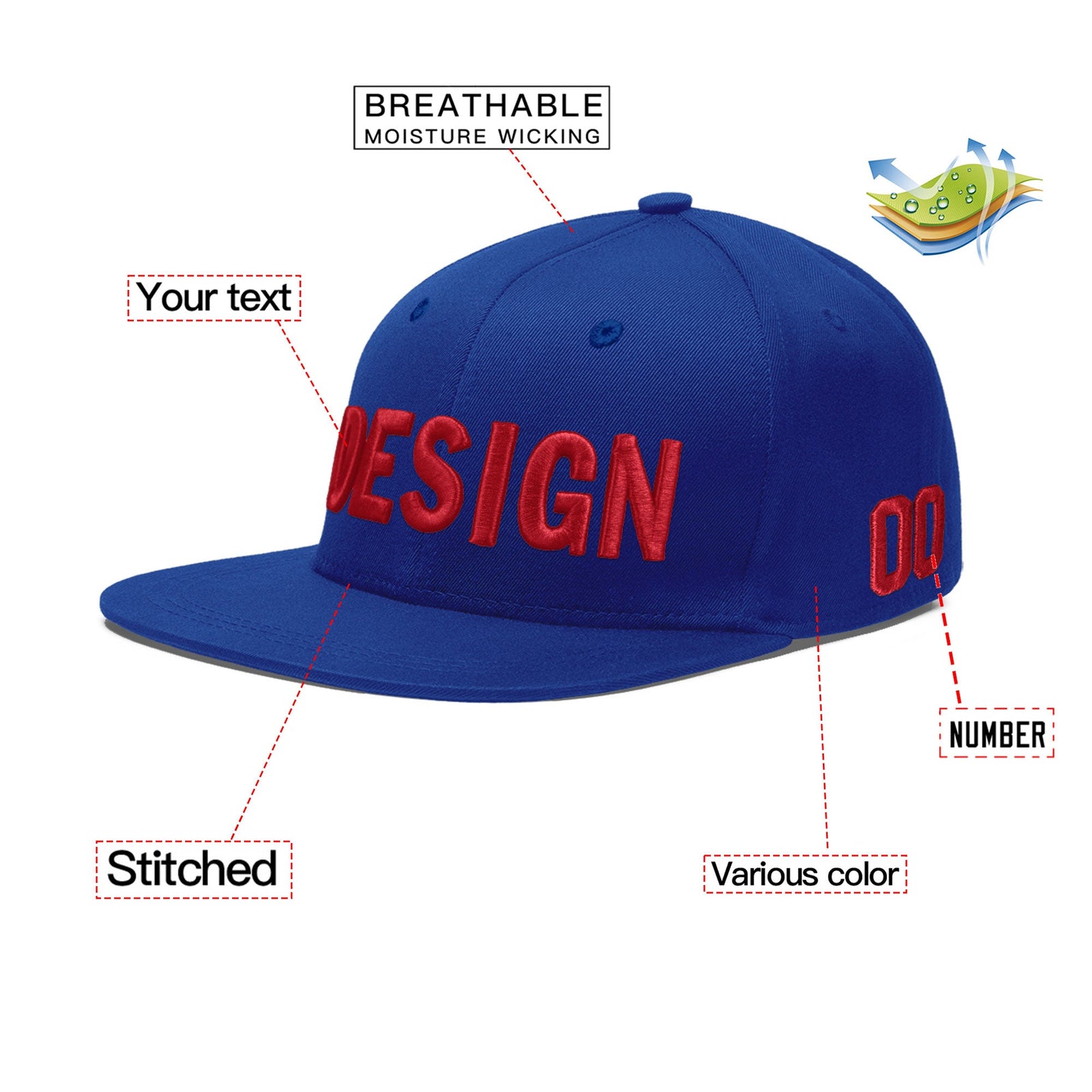 Custom Royal 3D Puff Embroidery Flat Embroidery Casual Sport Baseball Cap
