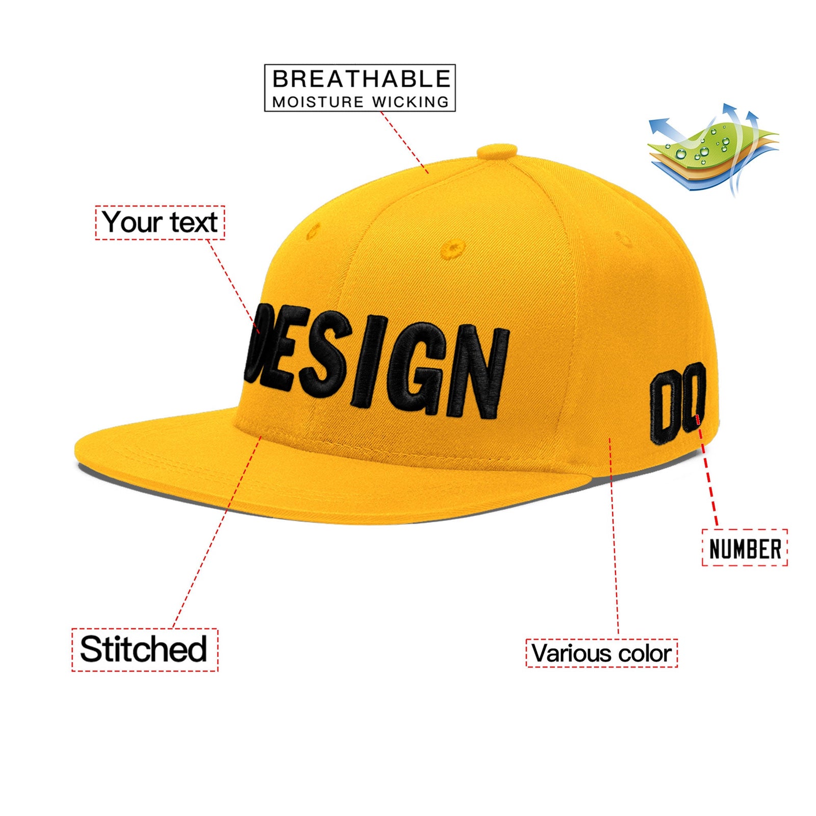 Custom Yellow 3D Puff Embroidery Flat Embroidery Casual Sport Baseball Cap
