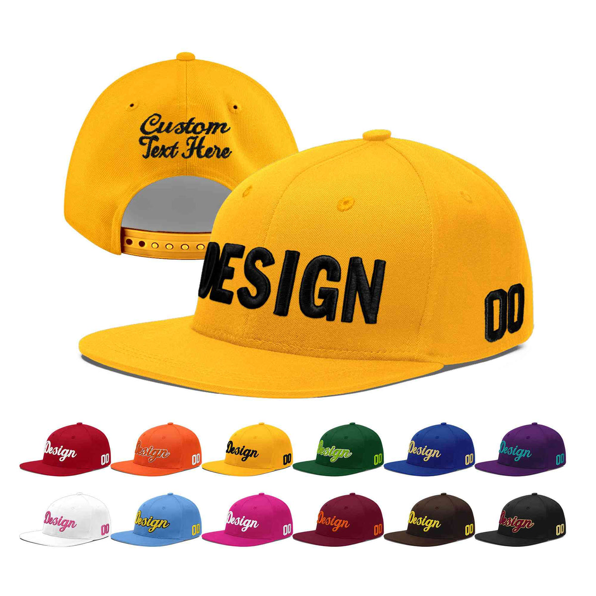 Custom Yellow 3D Puff Embroidery Flat Embroidery Casual Sport Baseball Cap