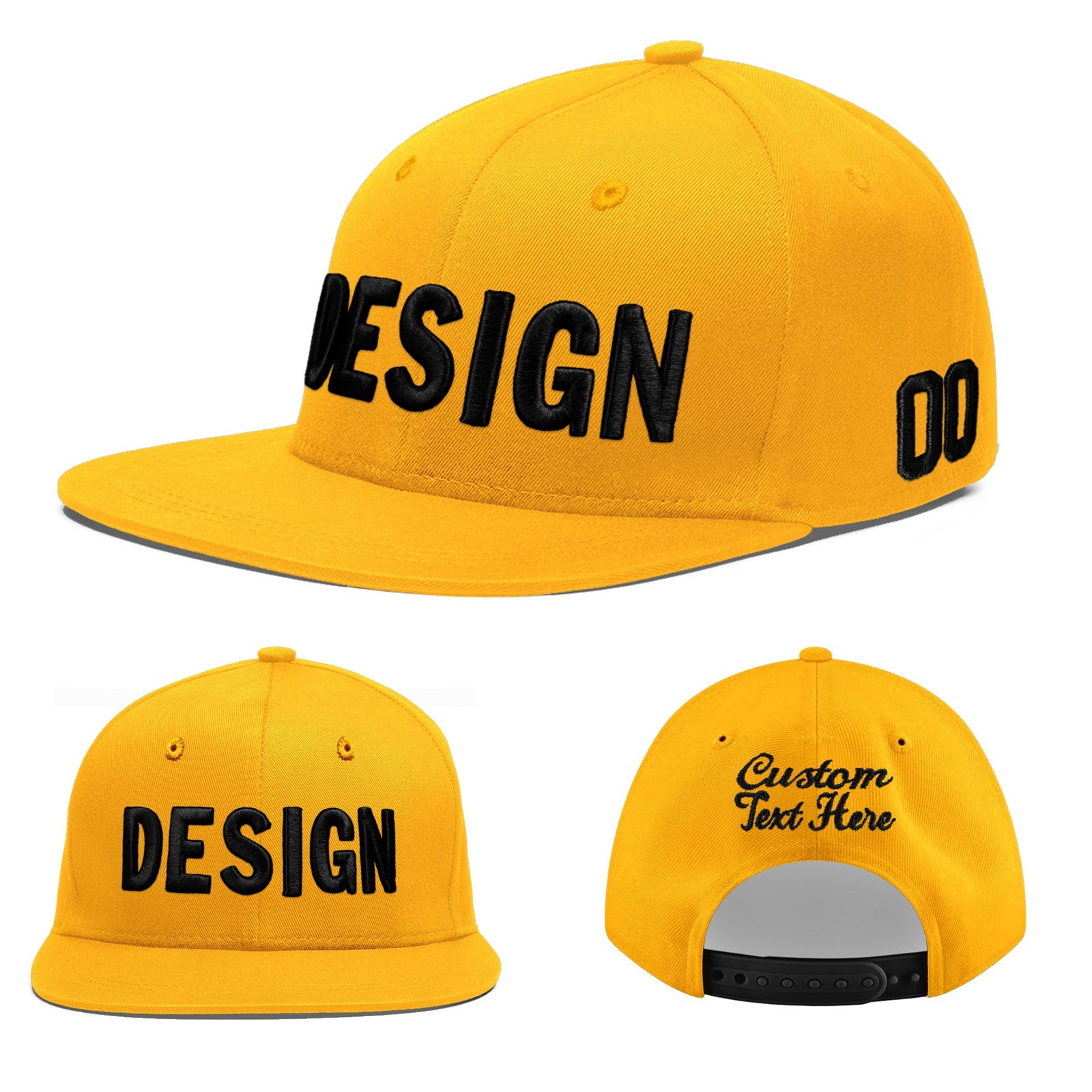 Custom Yellow 3D Puff Embroidery Flat Embroidery Casual Sport Baseball Cap
