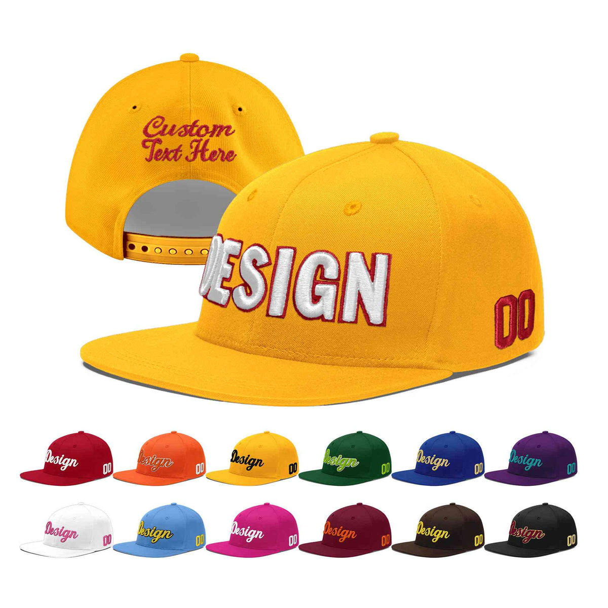 Custom Yellow 3D Puff Embroidery Flat Embroidery Casual Sport Baseball Cap