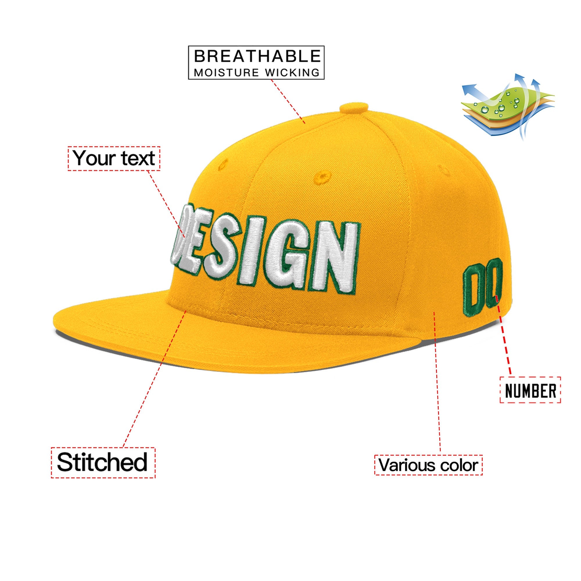 Custom Yellow 3D Puff Embroidery Flat Embroidery Casual Sport Baseball Cap