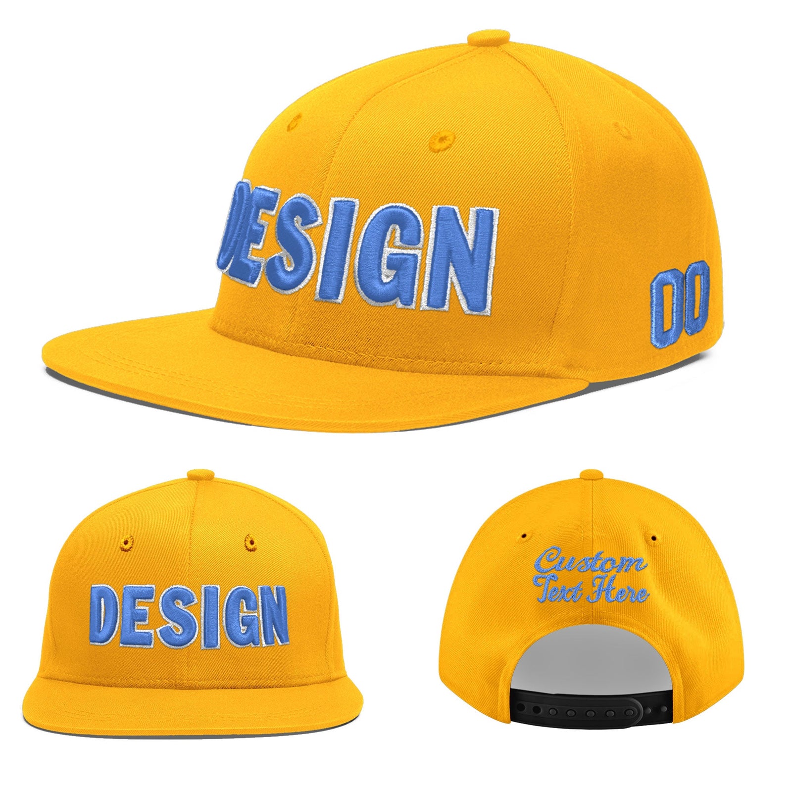 Custom Yellow 3D Puff Embroidery Flat Embroidery Casual Sport Baseball Cap