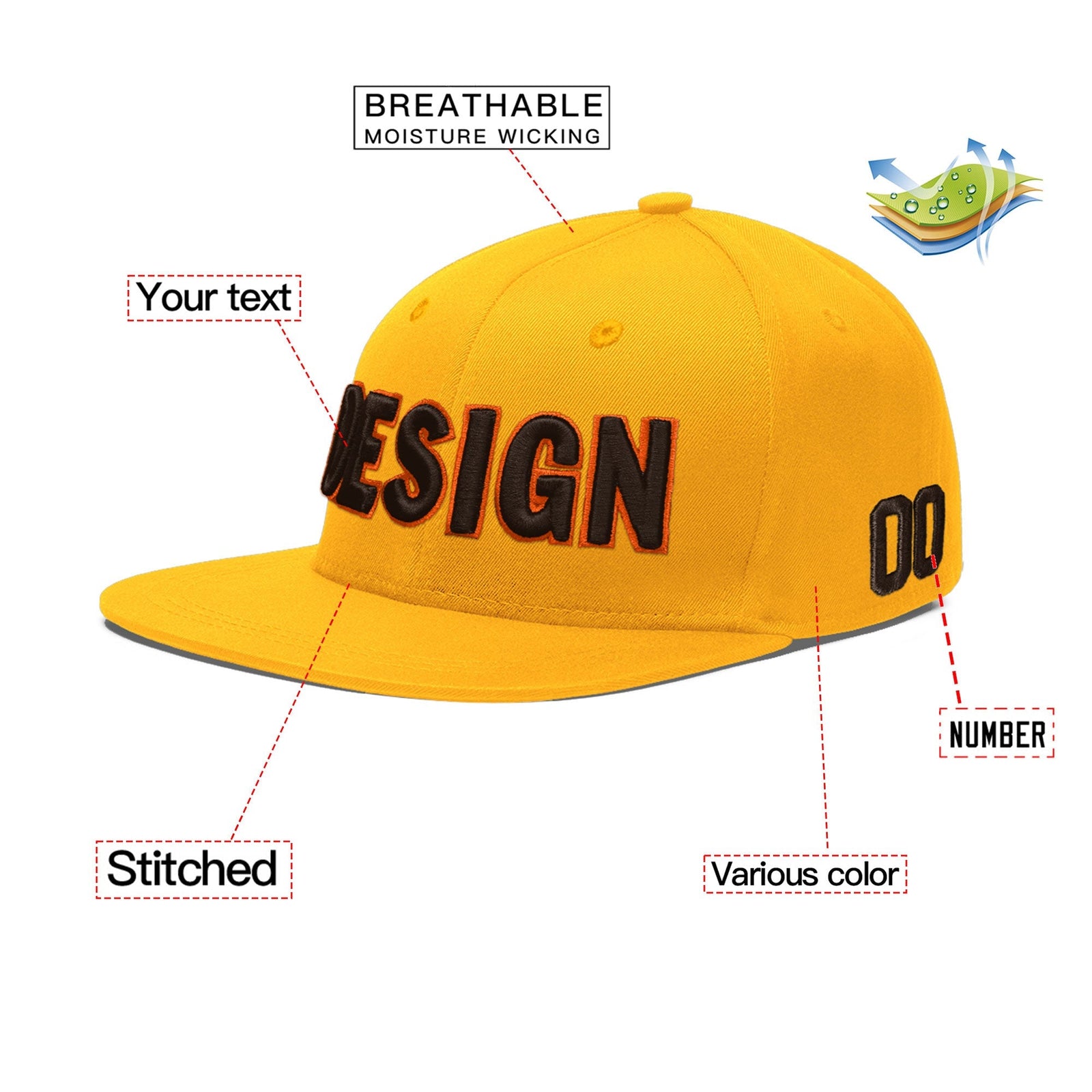 Custom Yellow 3D Puff Embroidery Flat Embroidery Casual Sport Baseball Cap