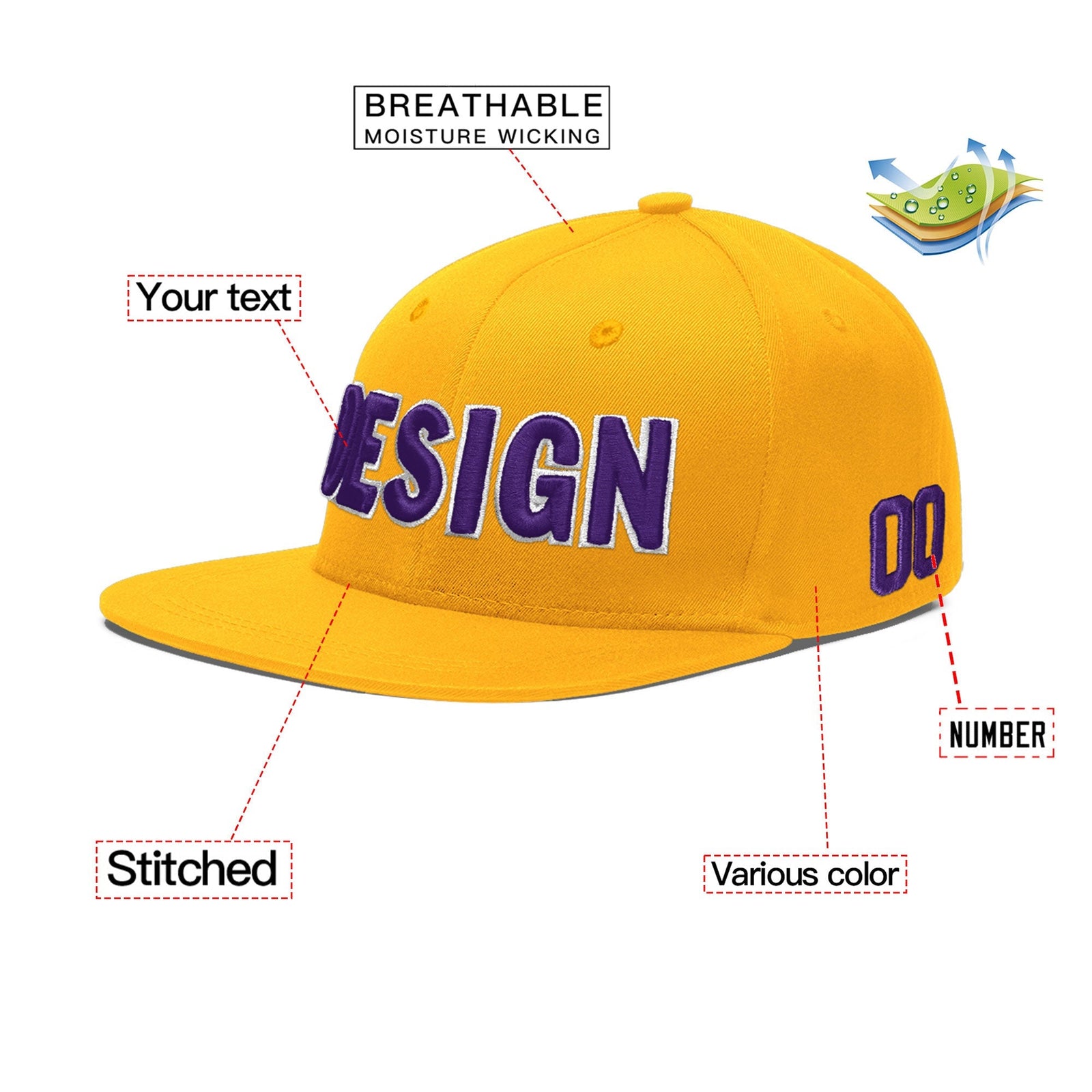 Custom Yellow 3D Puff Embroidery Flat Embroidery Casual Sport Baseball Cap