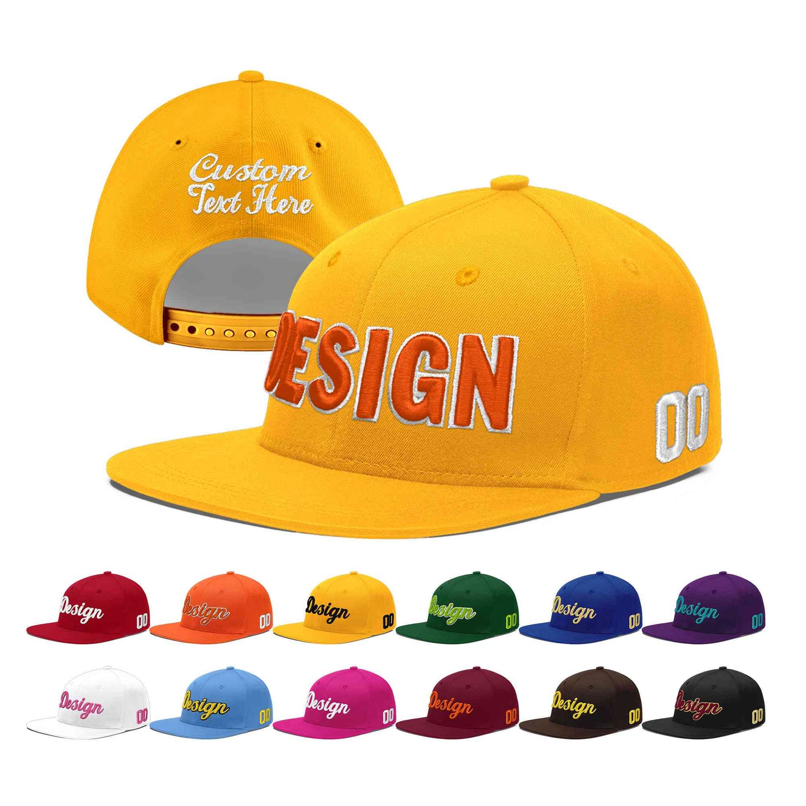 Custom Yellow 3D Puff Embroidery Flat Embroidery Casual Sport Baseball Cap