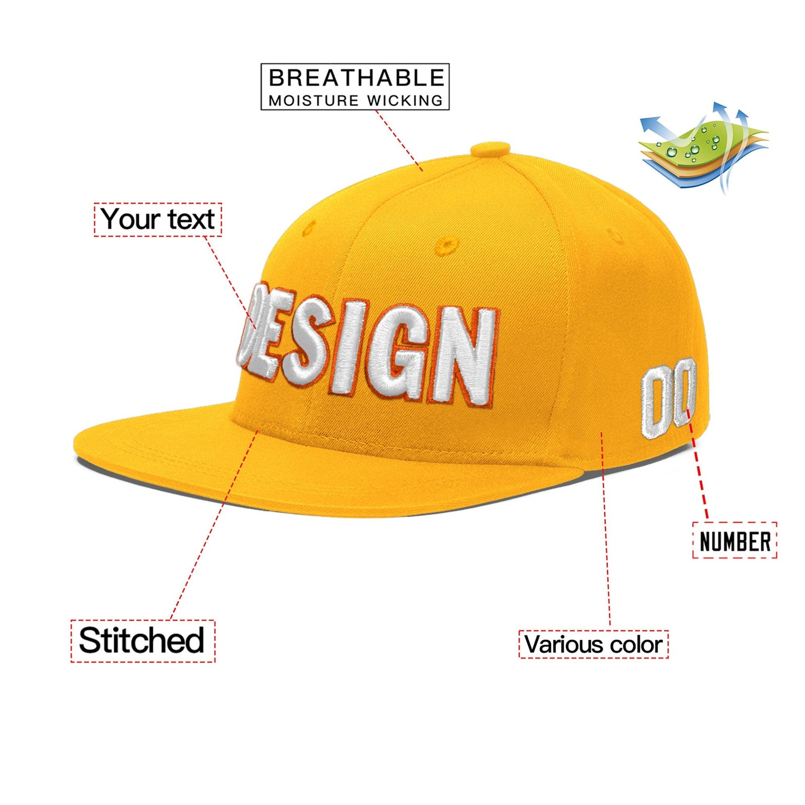 Custom Yellow 3D Puff Embroidery Flat Embroidery Casual Sport Baseball Cap