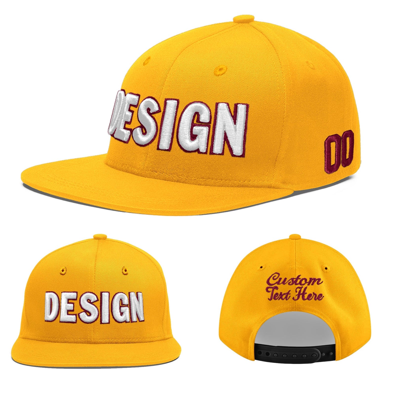 Custom Yellow 3D Puff Embroidery Flat Embroidery Casual Sport Baseball Cap