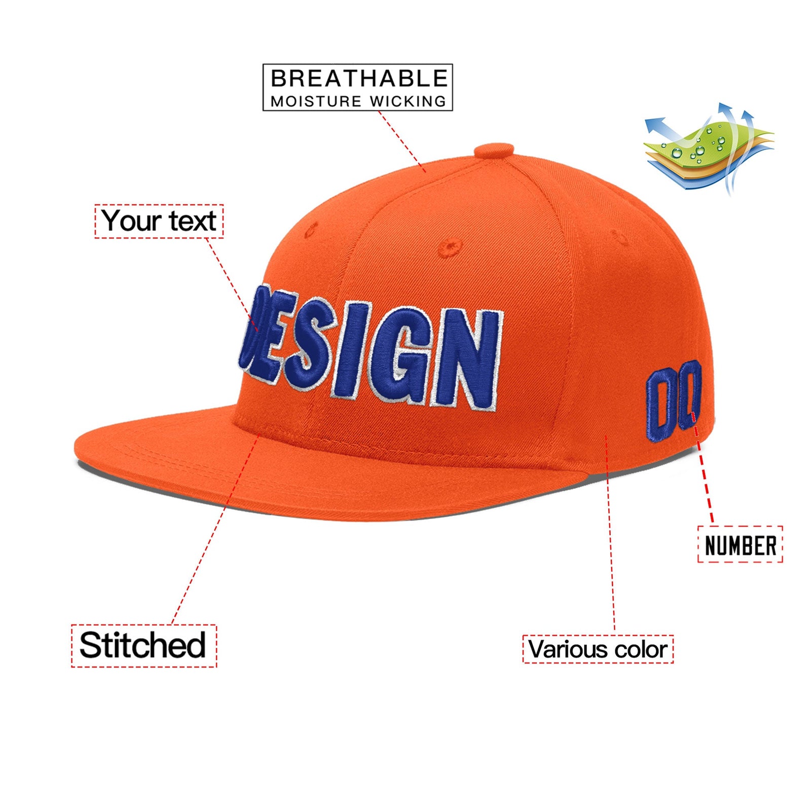 Custom Orange 3D Puff Embroidery Flat Embroidery Casual Sport Baseball Cap