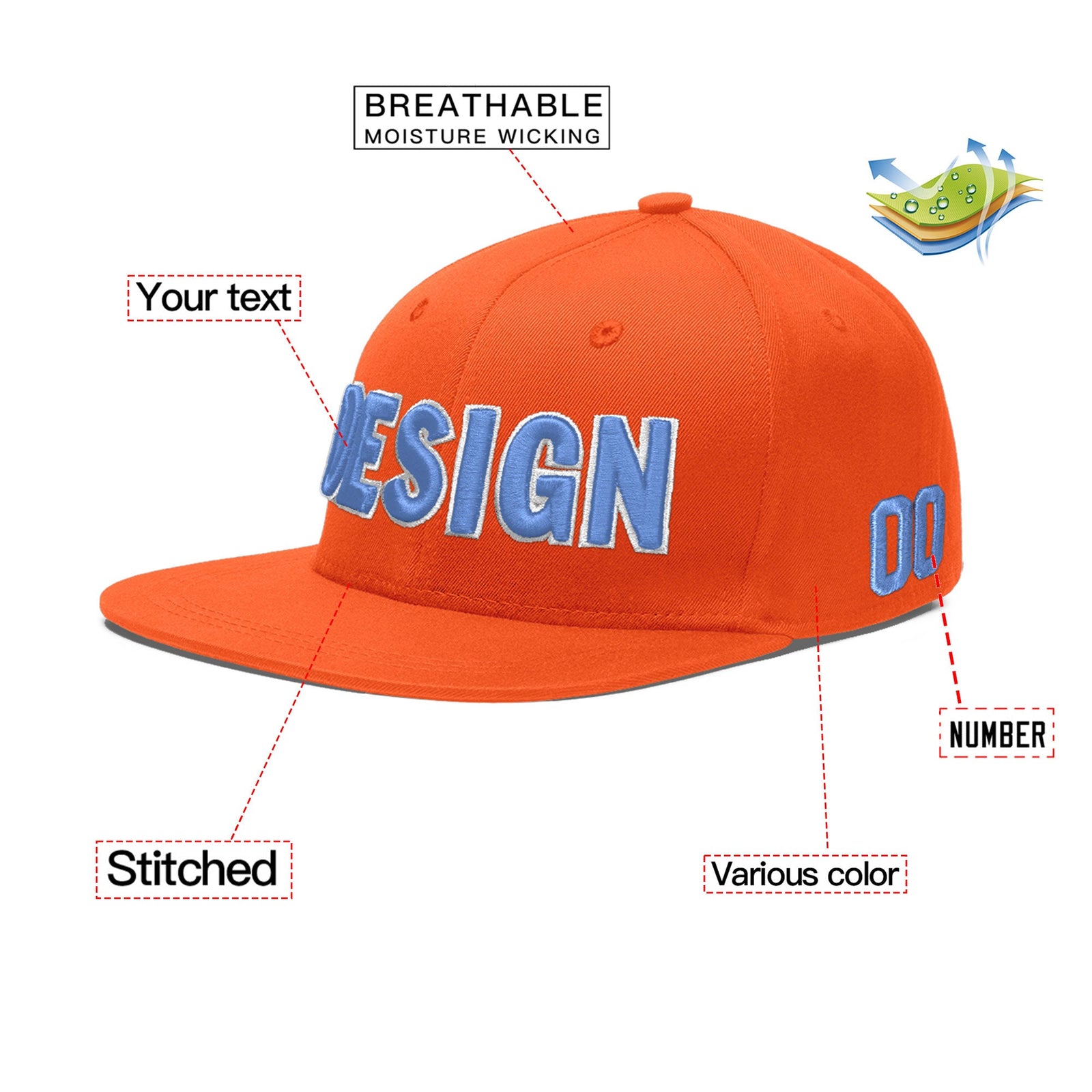 Custom Orange 3D Puff Embroidery Flat Embroidery Casual Sport Baseball Cap