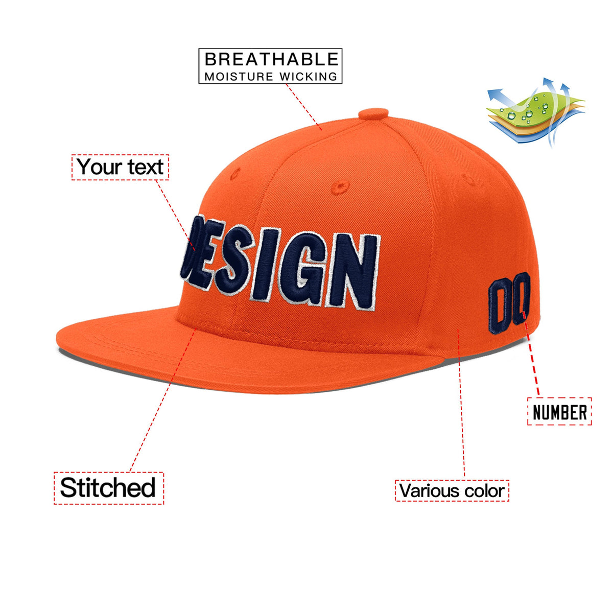 Custom Orange 3D Puff Embroidery Flat Embroidery Casual Sport Baseball Cap