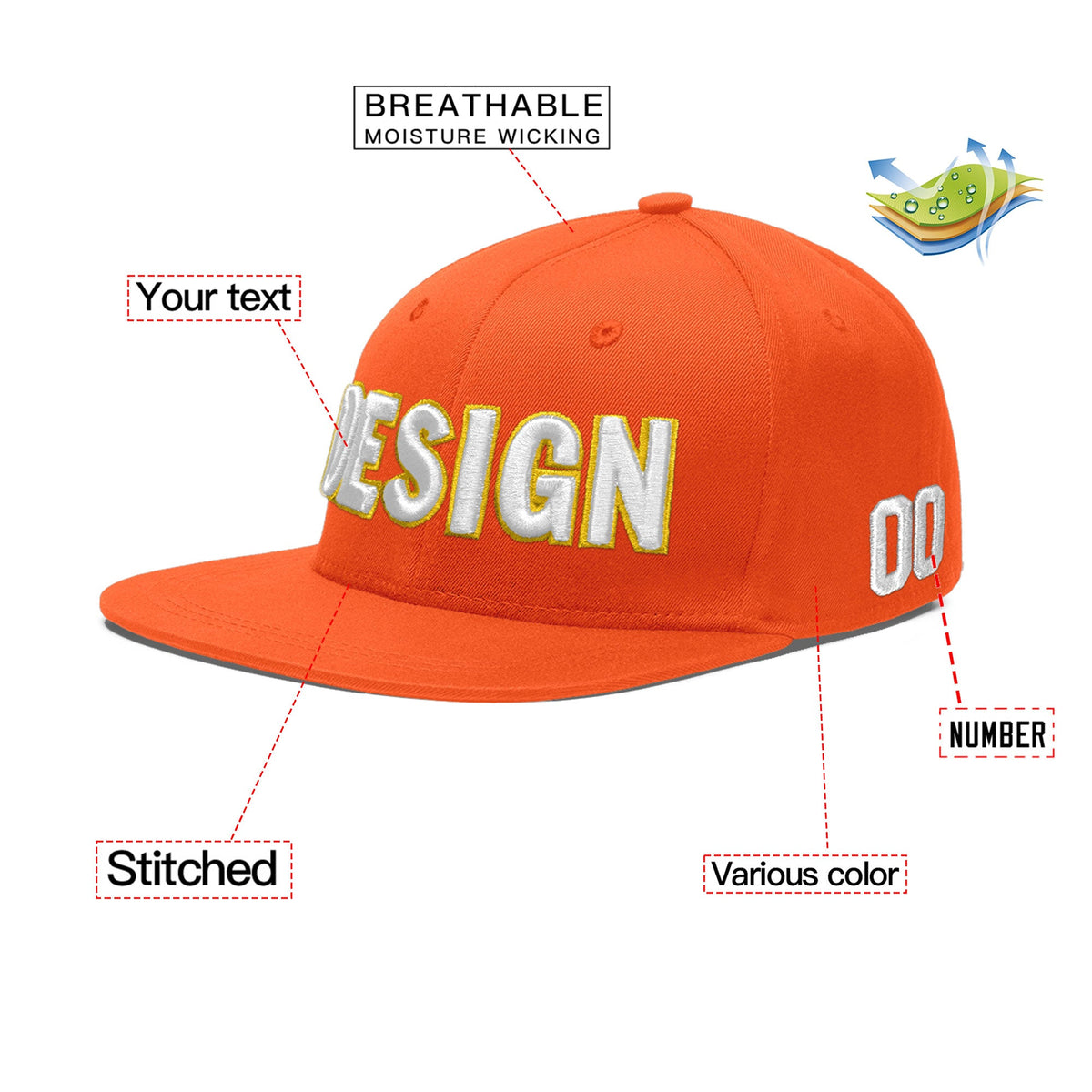 Custom Orange 3D Puff Embroidery Flat Embroidery Casual Sport Baseball Cap