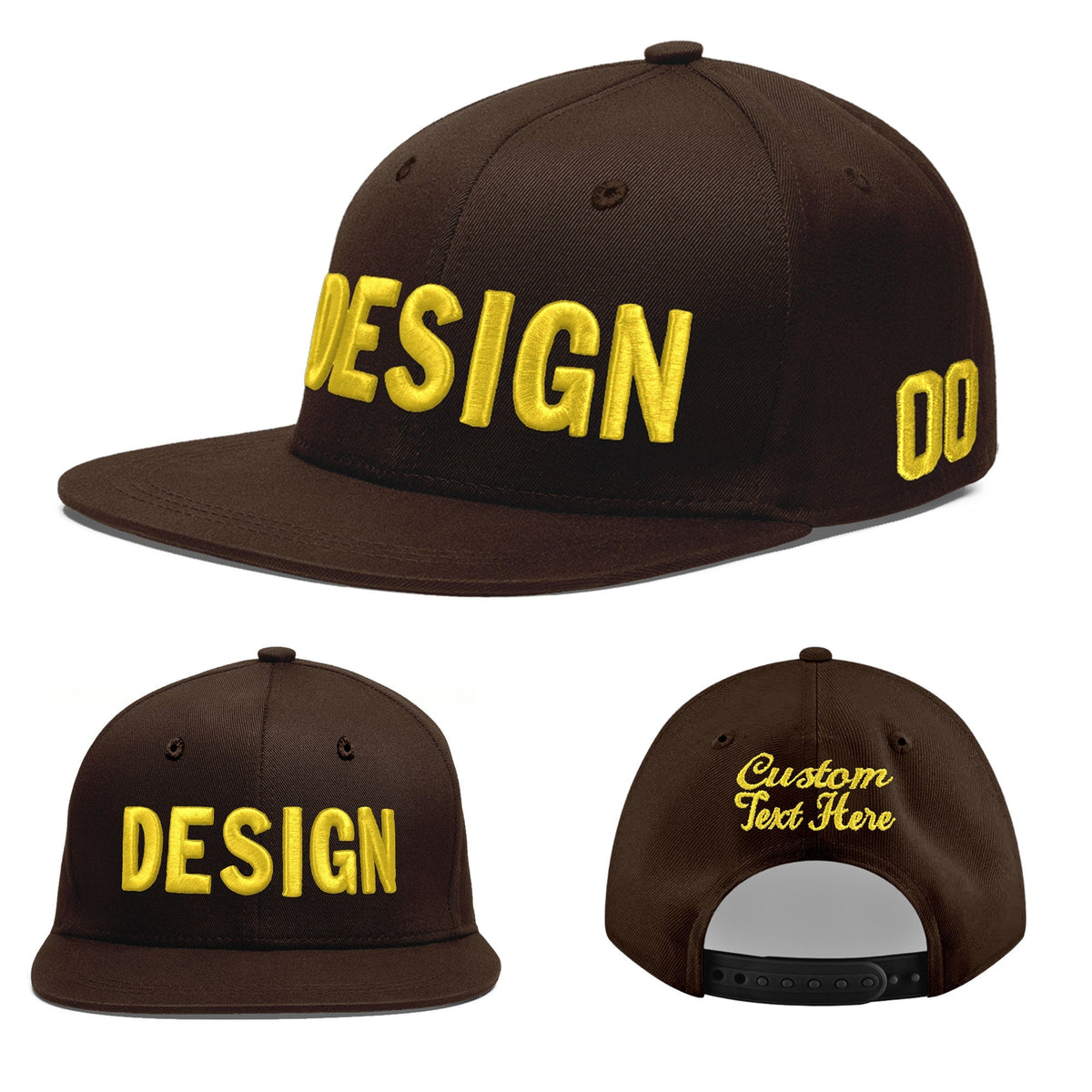 Custom Brown 3D Puff Embroidery Flat Embroidery Casual Sport Baseball Cap