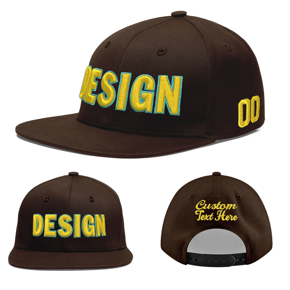 Custom Brown 3D Puff Embroidery Flat Embroidery Casual Sport Baseball Cap