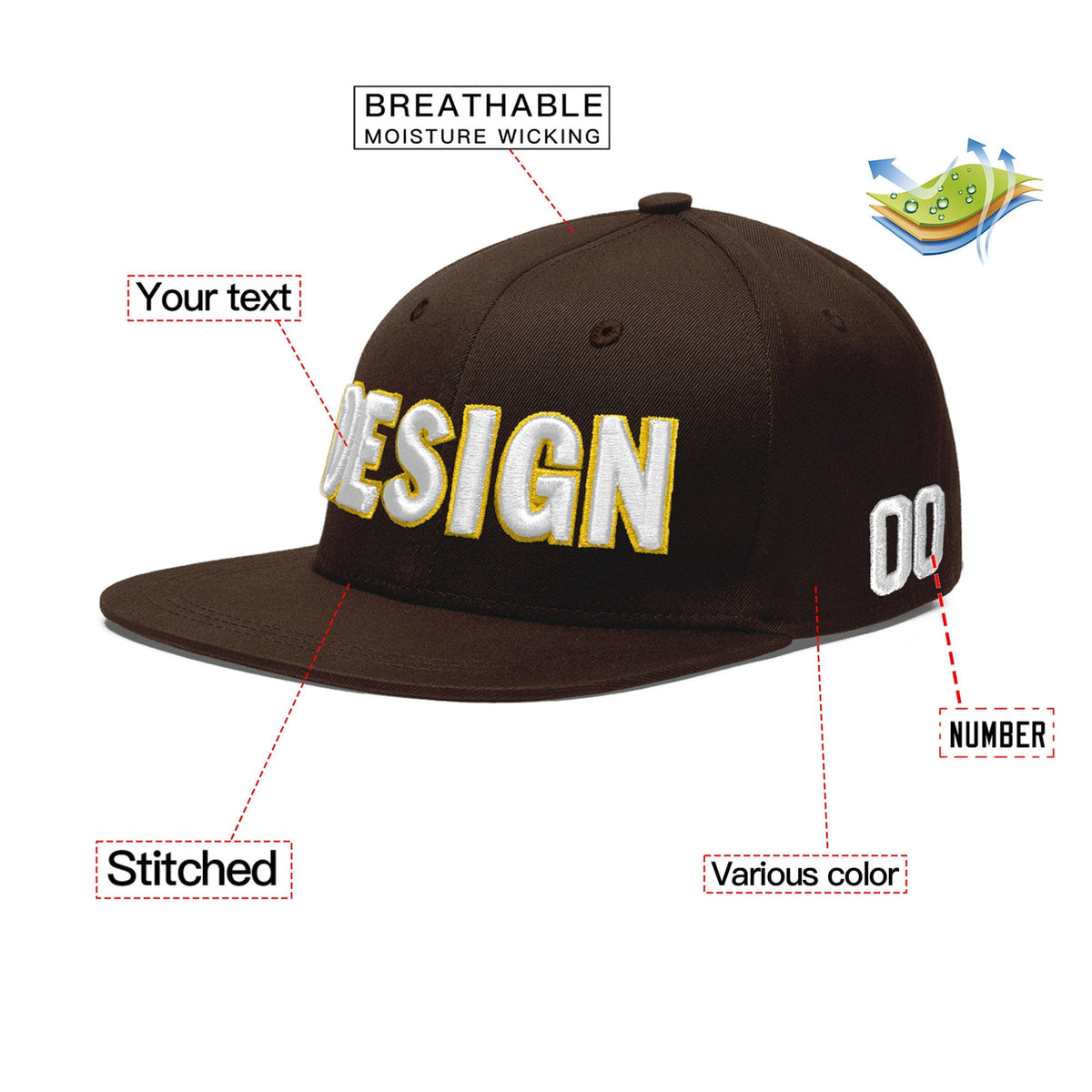 Custom Brown 3D Puff Embroidery Flat Embroidery Casual Sport Baseball Cap