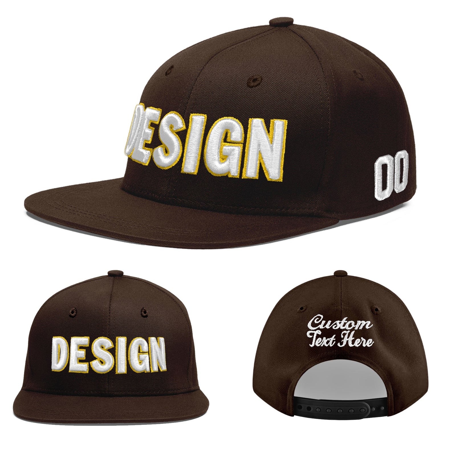 Custom Brown 3D Puff Embroidery Flat Embroidery Casual Sport Baseball Cap