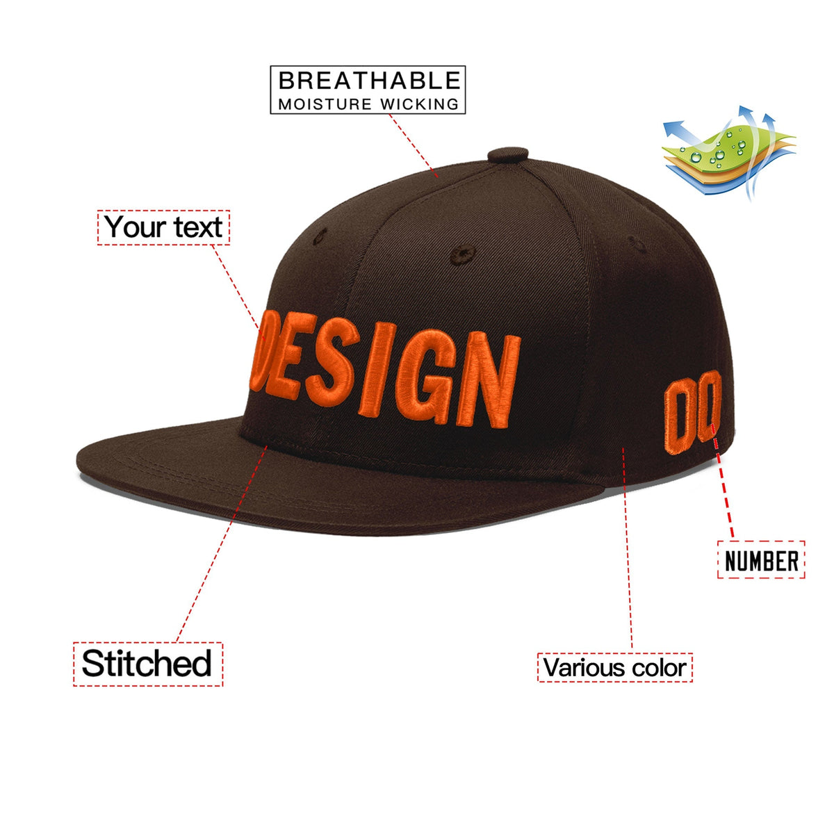 Custom Brown 3D Puff Embroidery Flat Embroidery Casual Sport Baseball Cap