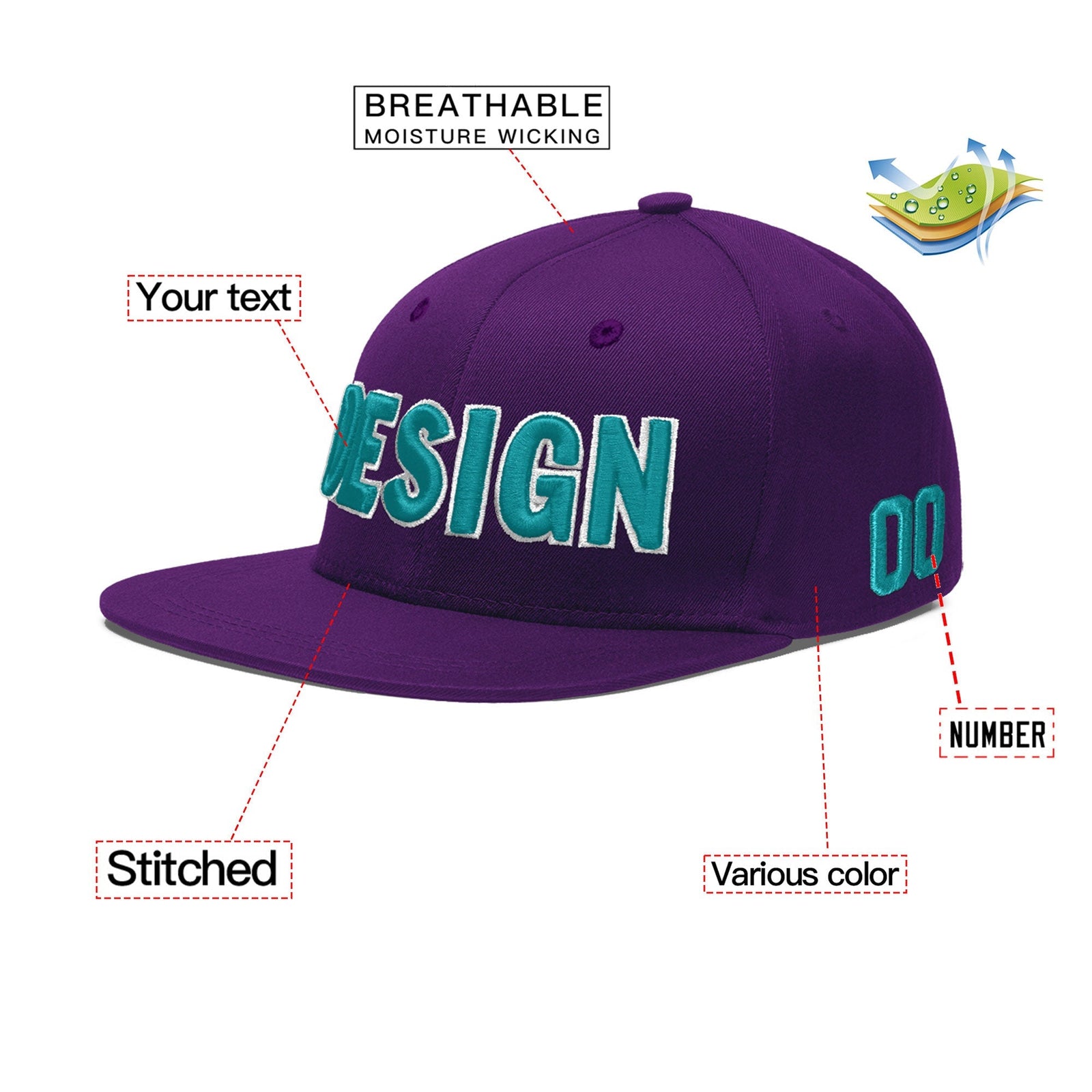 Custom Purple 3D Puff Embroidery Flat Embroidery Casual Sport Baseball Cap