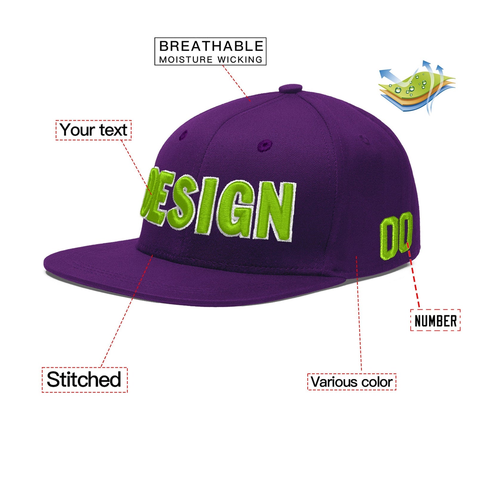 Custom Purple 3D Puff Embroidery Flat Embroidery Casual Sport Baseball Cap