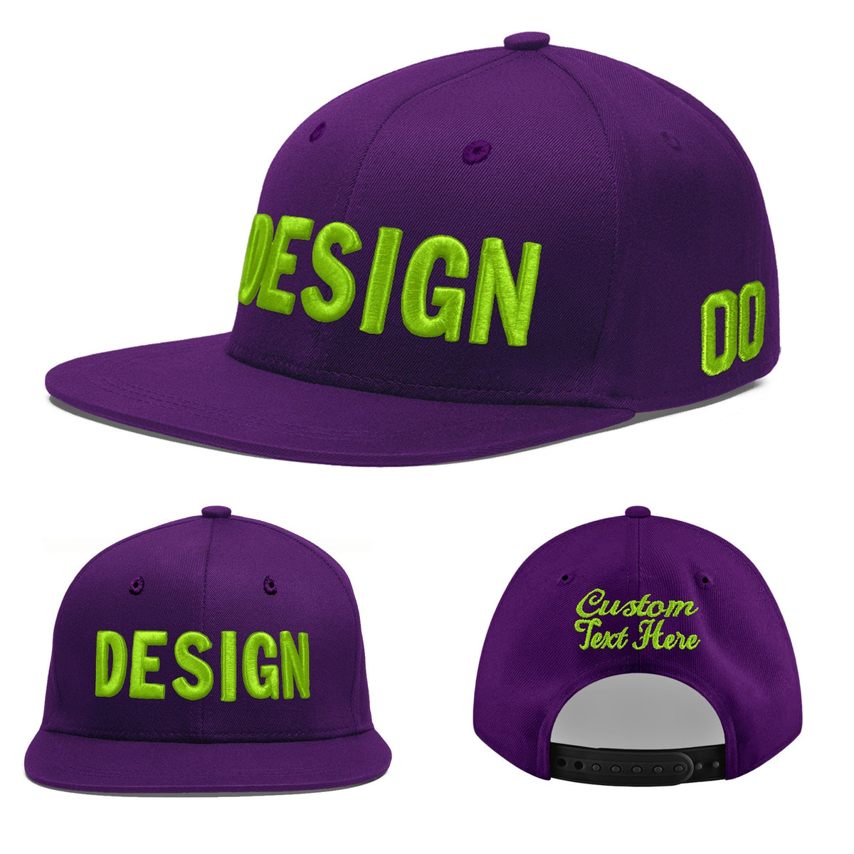 Custom Purple 3D Puff Embroidery Flat Embroidery Casual Sport Baseball Cap