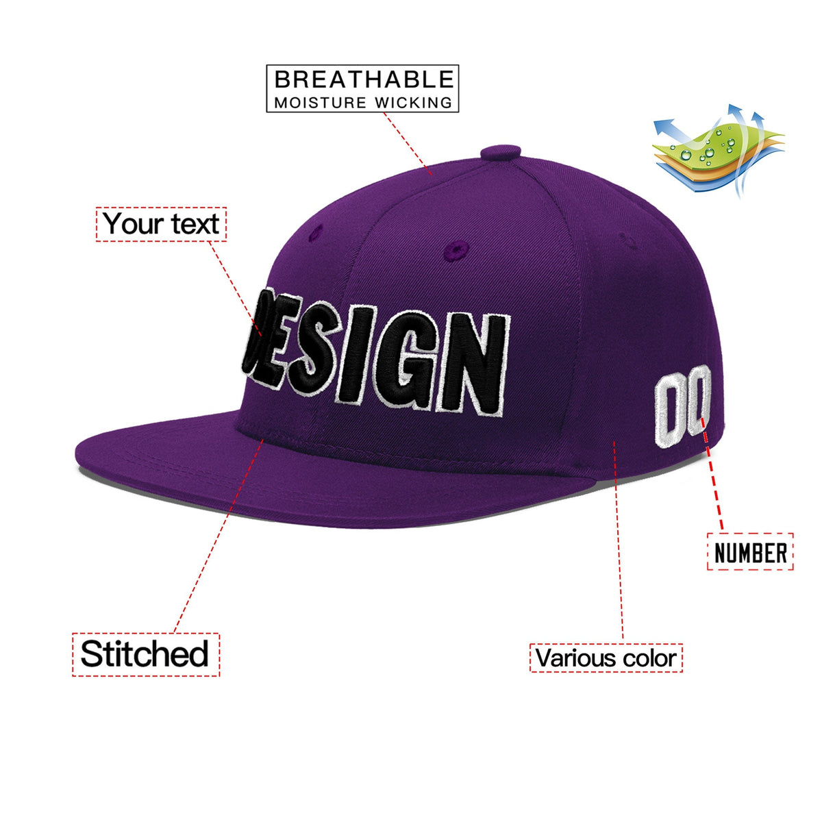 Custom Purple 3D Puff Embroidery Flat Embroidery Casual Sport Baseball Cap