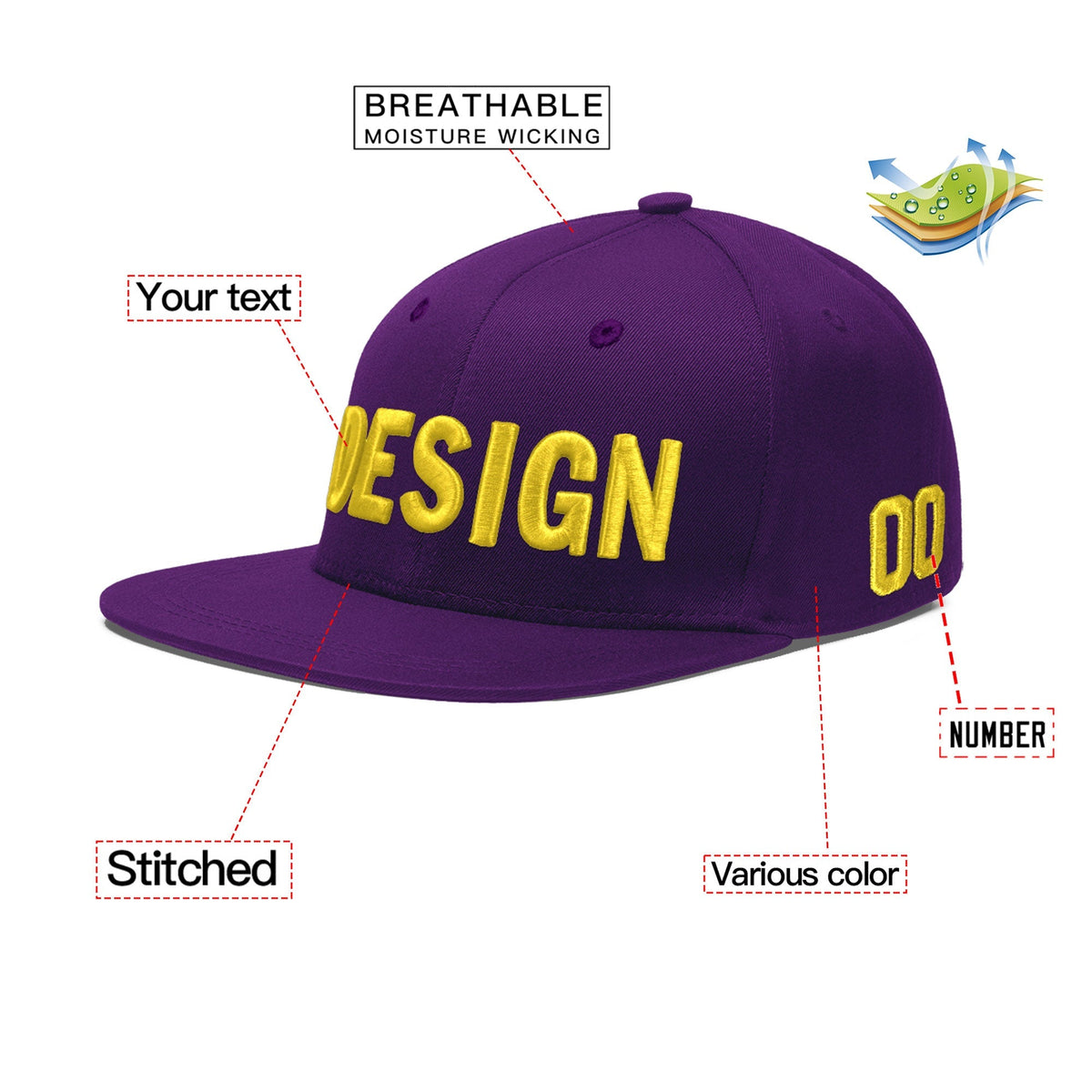 Custom Purple 3D Puff Embroidery Flat Embroidery Casual Sport Baseball Cap