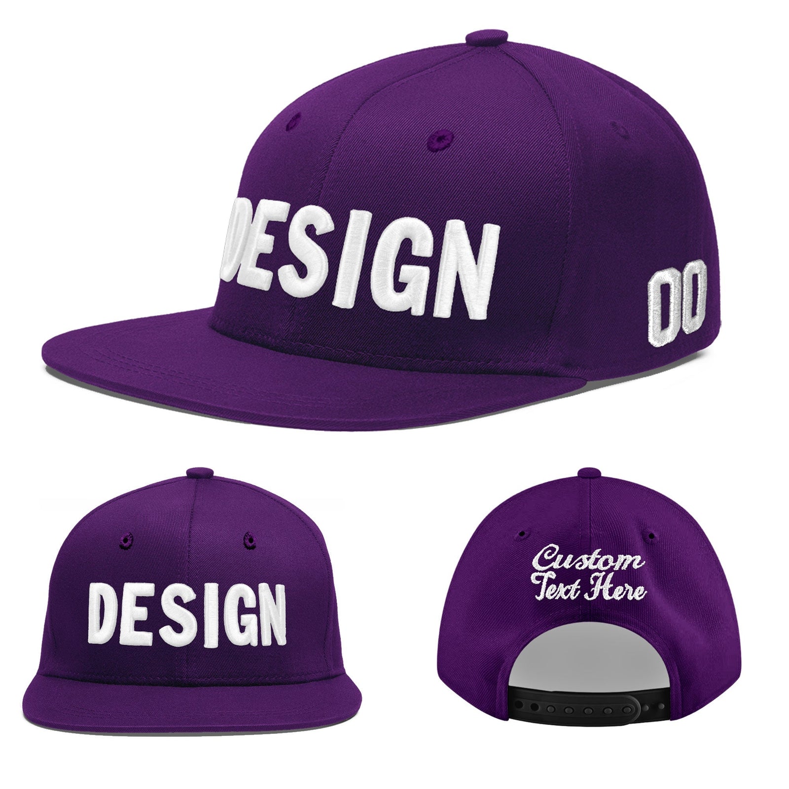 Custom Purple 3D Puff Embroidery Flat Embroidery Casual Sport Baseball Cap