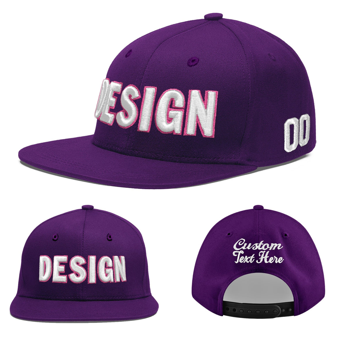 Custom Purple 3D Puff Embroidery Flat Embroidery Casual Sport Baseball Cap