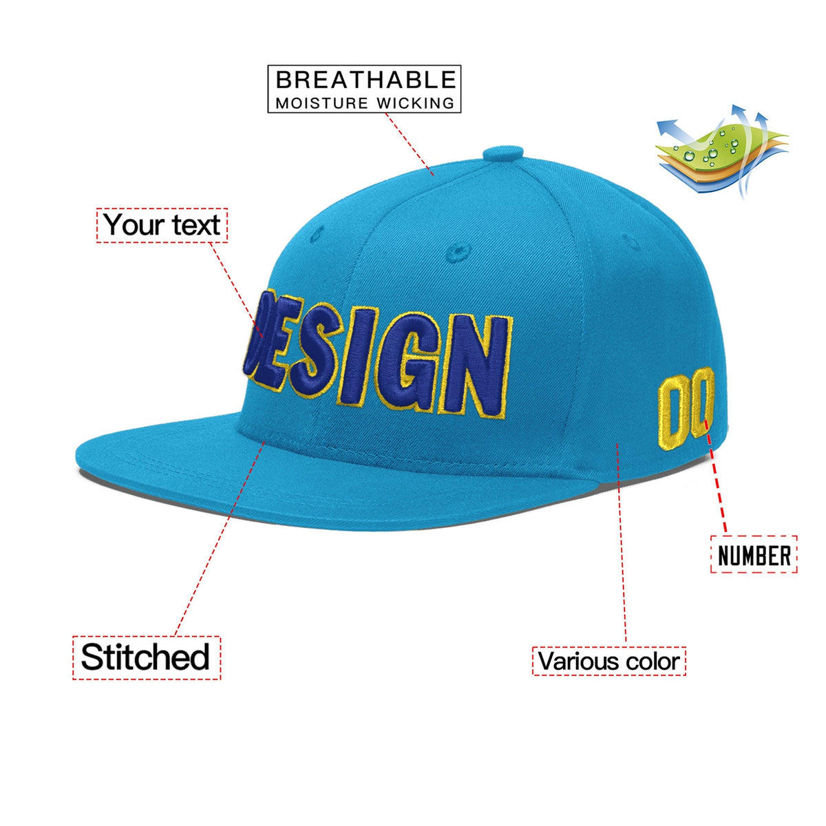 Custom Light Blue 3D Puff Embroidery Flat Embroidery Casual Sport Baseball Cap