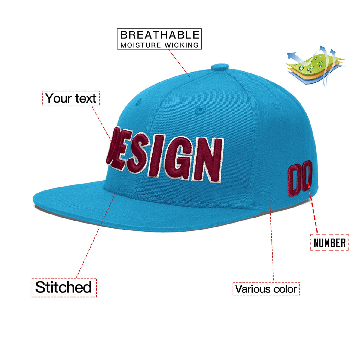 Custom Light Blue 3D Puff Embroidery Flat Embroidery Casual Sport Baseball Cap