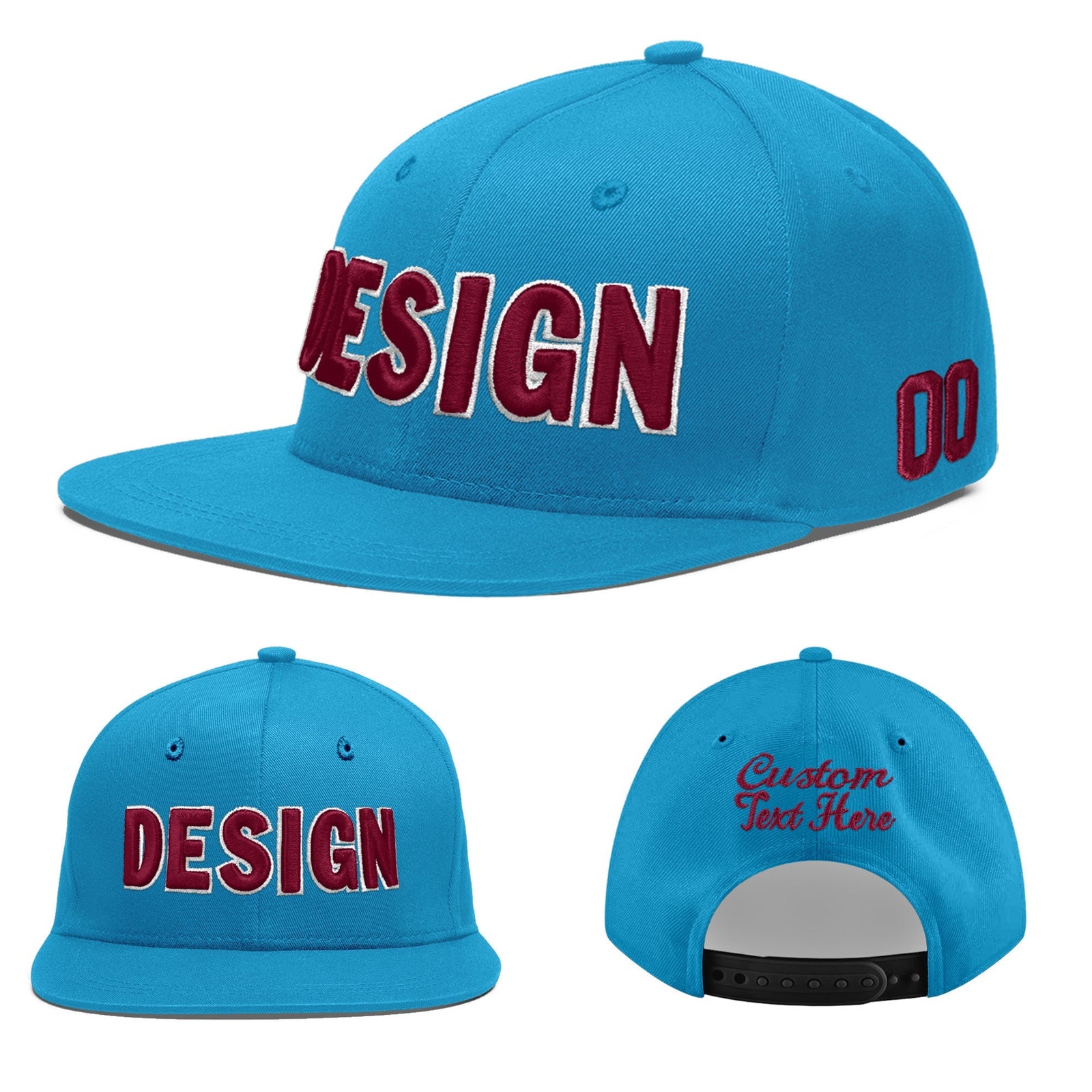 Custom Light Blue 3D Puff Embroidery Flat Embroidery Casual Sport Baseball Cap