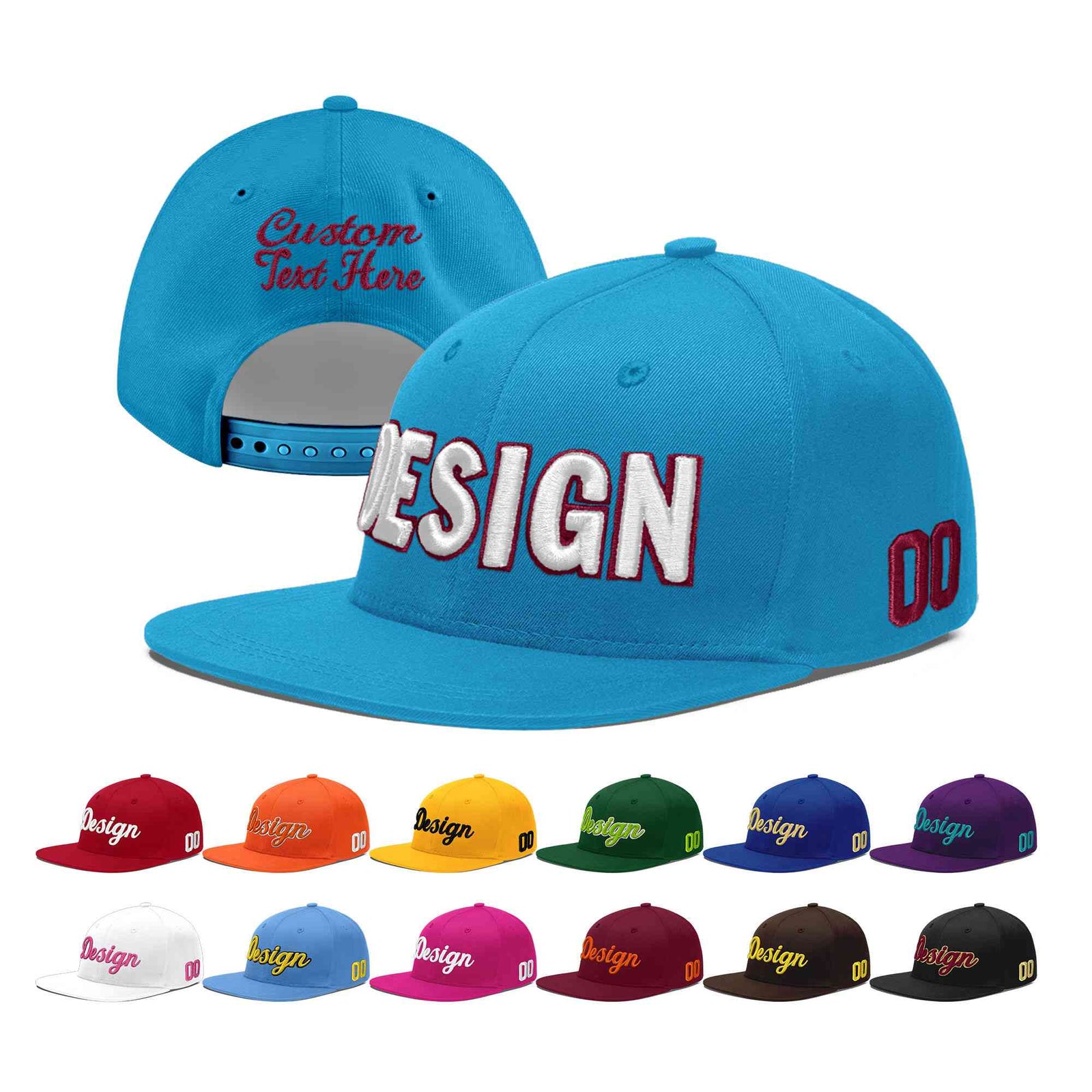 Custom Light Blue 3D Puff Embroidery Flat Embroidery Casual Sport Baseball Cap