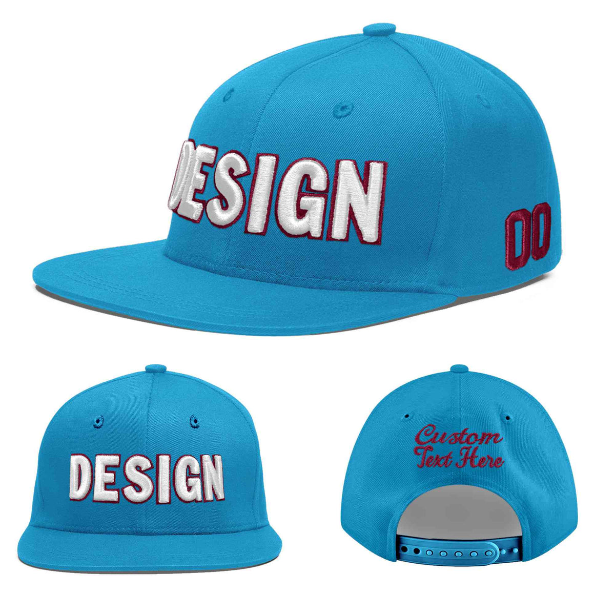 Custom Light Blue 3D Puff Embroidery Flat Embroidery Casual Sport Baseball Cap