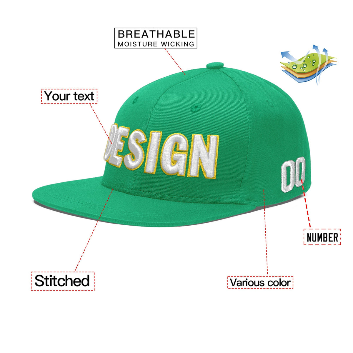 Custom Aqua 3D Puff Embroidery Flat Embroidery Casual Sport Baseball Cap