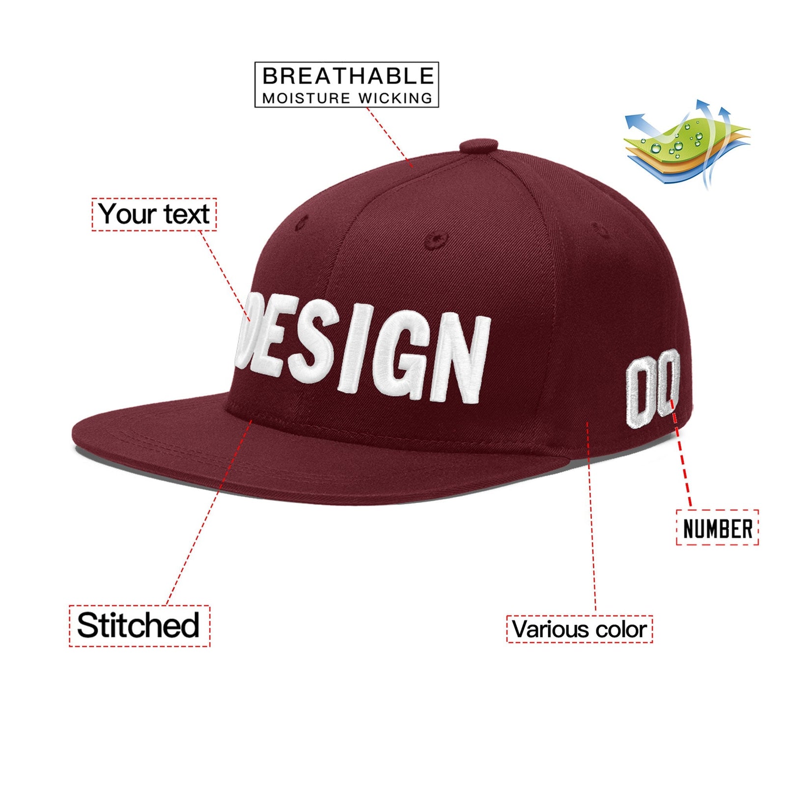 Custom Maroon 3D Puff Embroidery Flat Embroidery Casual Sport Baseball Cap