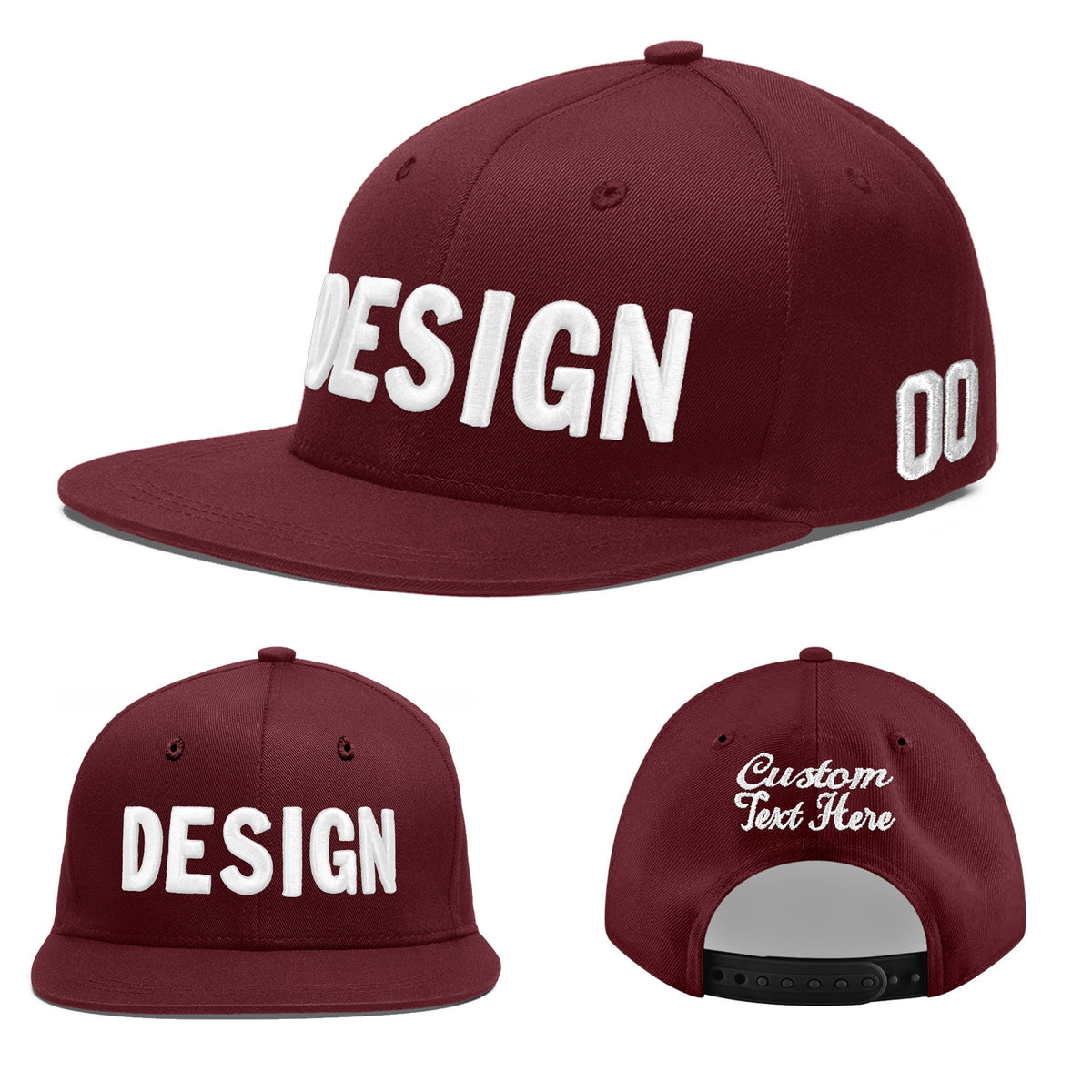 Custom Maroon 3D Puff Embroidery Flat Embroidery Casual Sport Baseball Cap