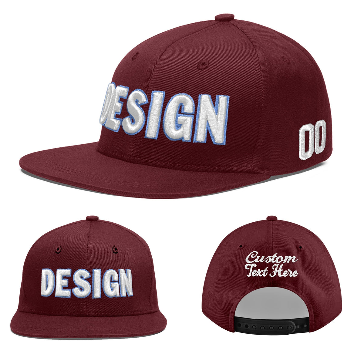 Custom Maroon 3D Puff Embroidery Flat Embroidery Casual Sport Baseball Cap