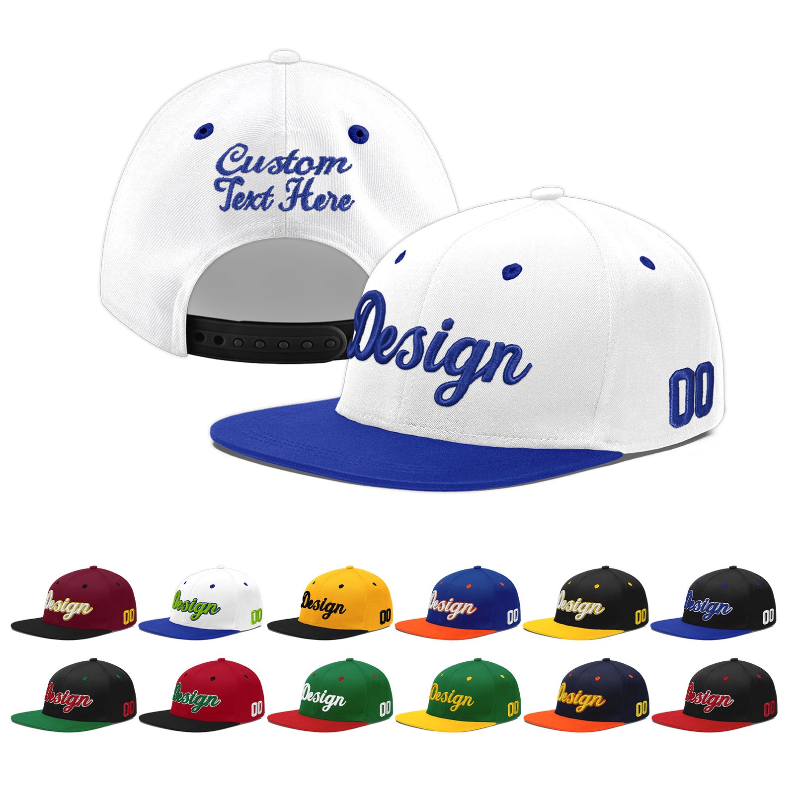 Custom White Royal Blue 3D Puff Embroidery Flat Embroidery Casual Sport Baseball Cap