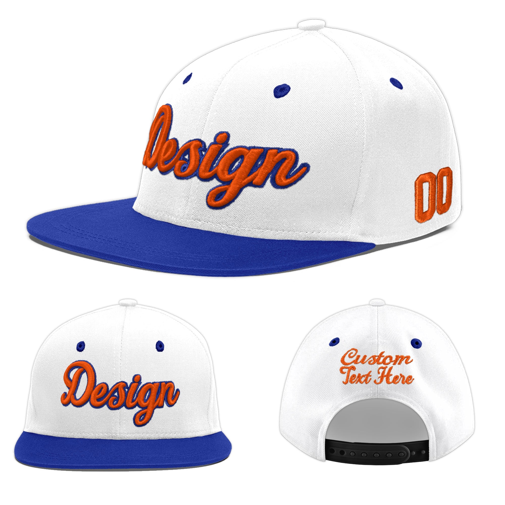 Custom White Royal Blue 3D Puff Embroidery Flat Embroidery Casual Sport Baseball Cap