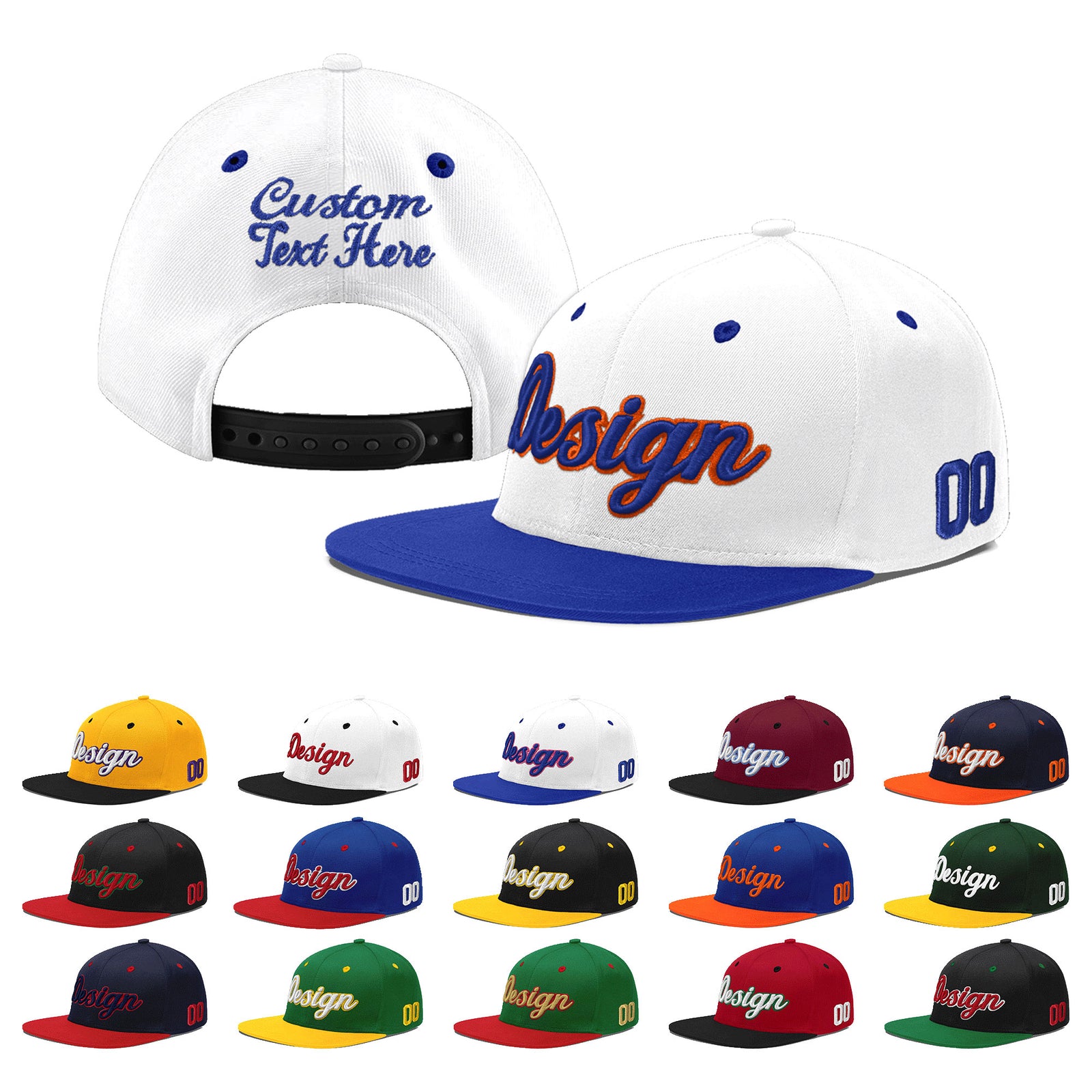 Custom White Royal Blue 3D Puff Embroidery Flat Embroidery Casual Sport Baseball Cap