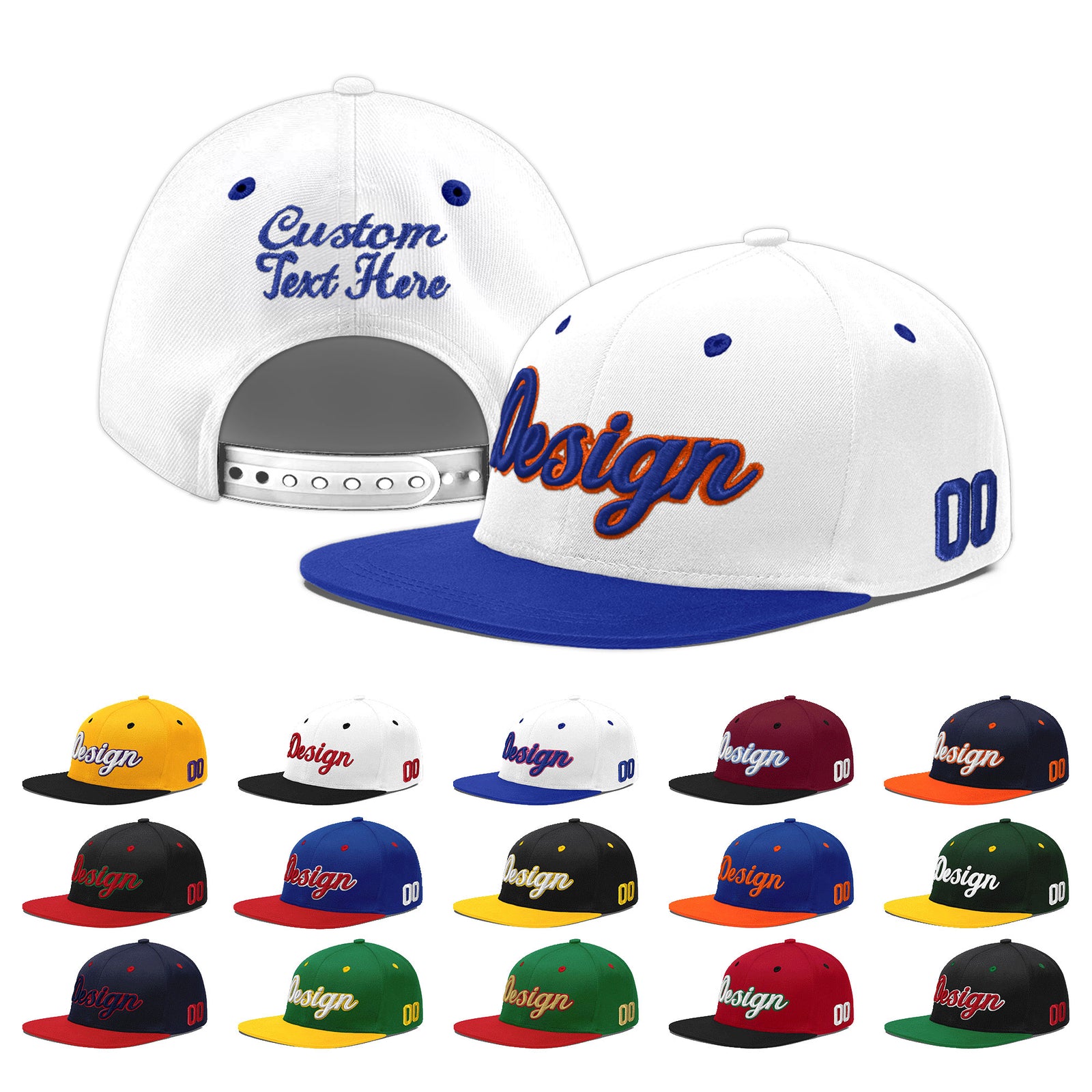 Custom White Royal Blue 3D Puff Embroidery Flat Embroidery Casual Sport Baseball Cap