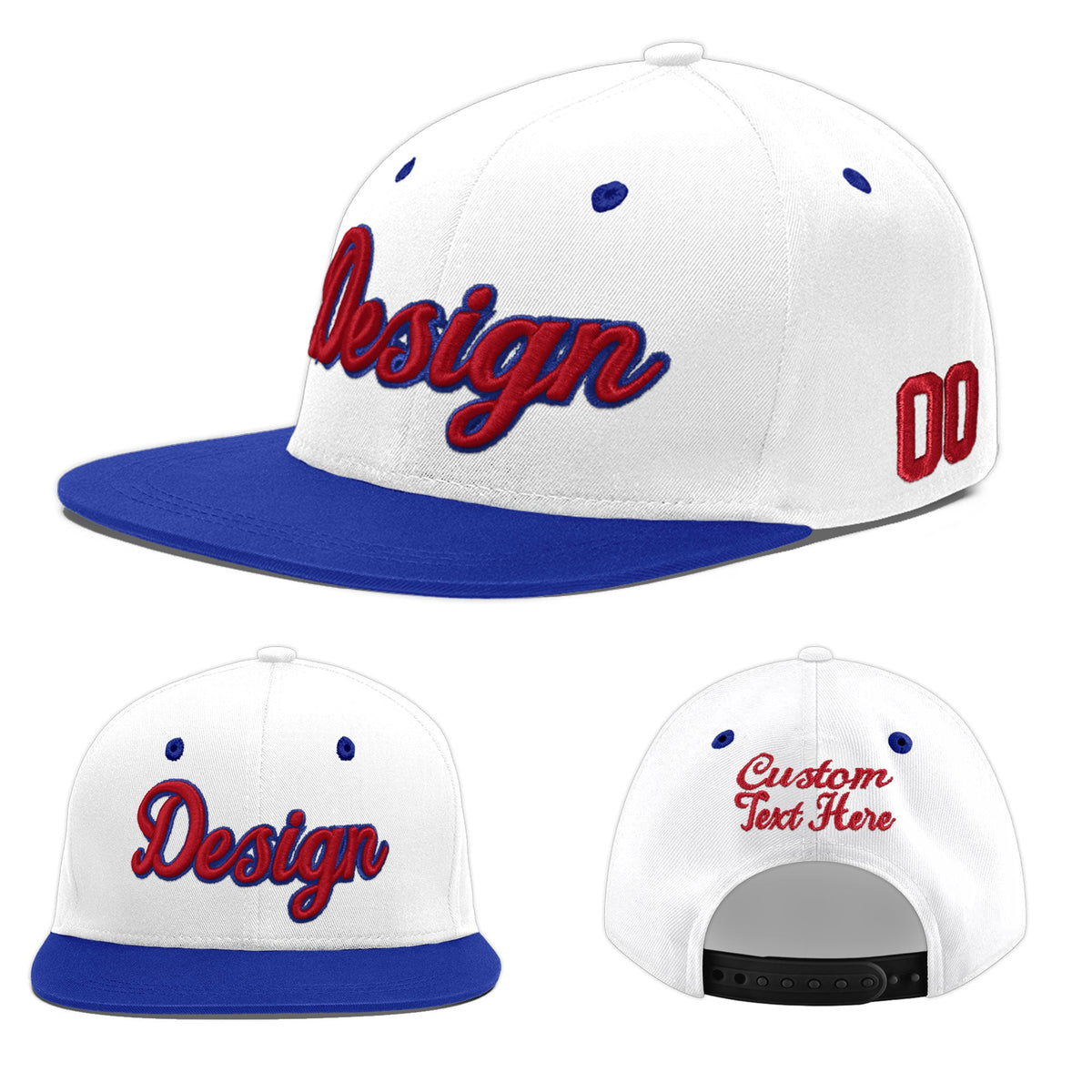 Custom White Royal Blue 3D Puff Embroidery Flat Embroidery Casual Sport Baseball Cap