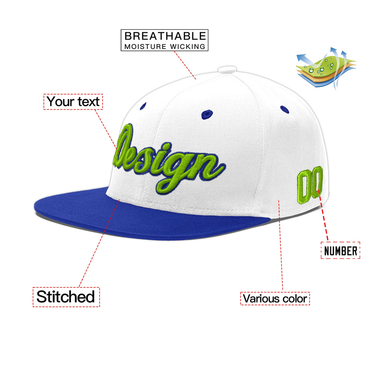 Custom White Royal Blue 3D Puff Embroidery Flat Embroidery Casual Sport Baseball Cap